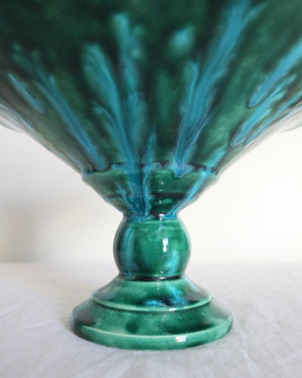 Studio pottery vibrant blue green shiny drip glaze pedestal cake stand / dish with wavy edge.