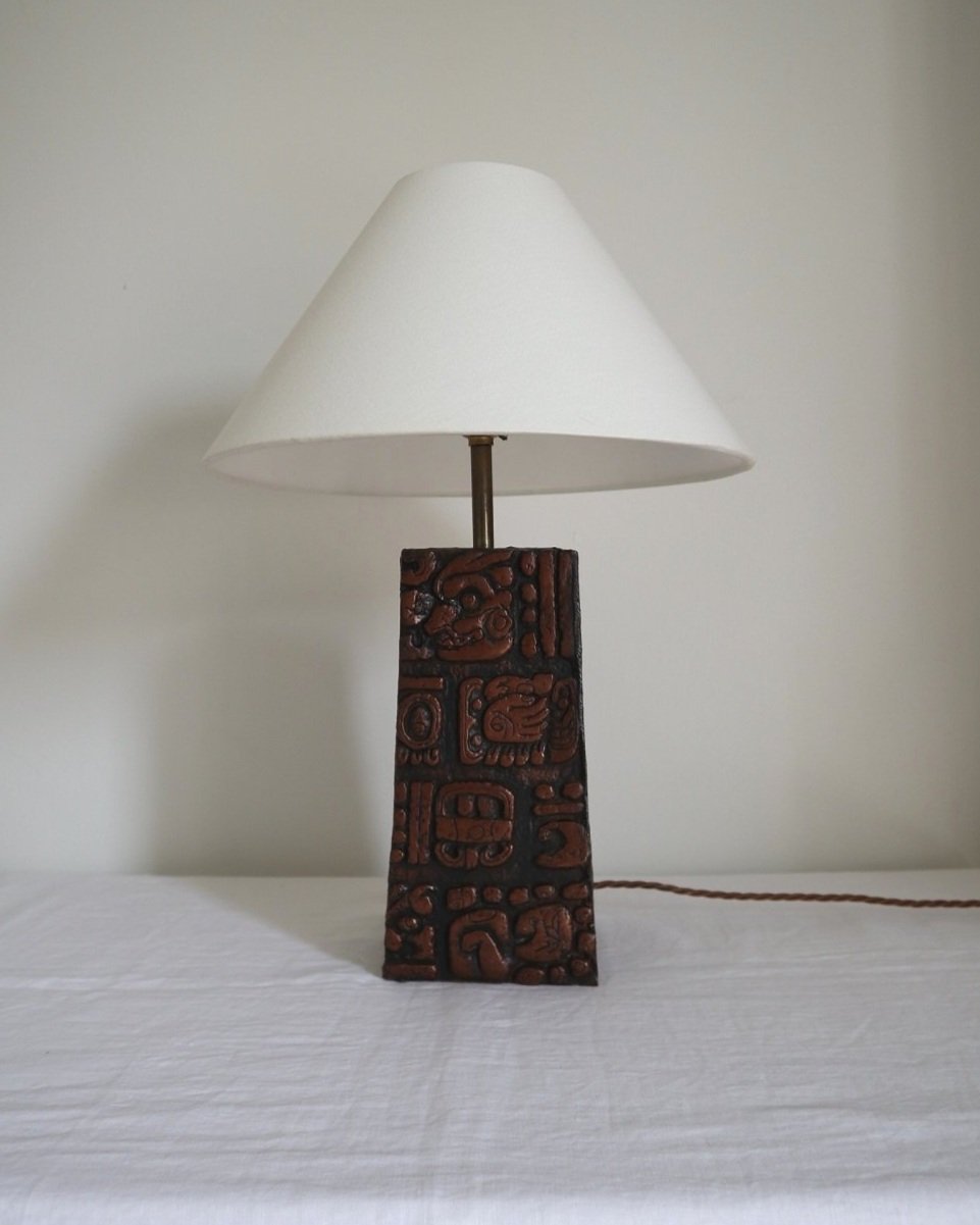 Mid century very heavy Brutalist Aztec style cast resin table lamp with metallic bronze finish.
