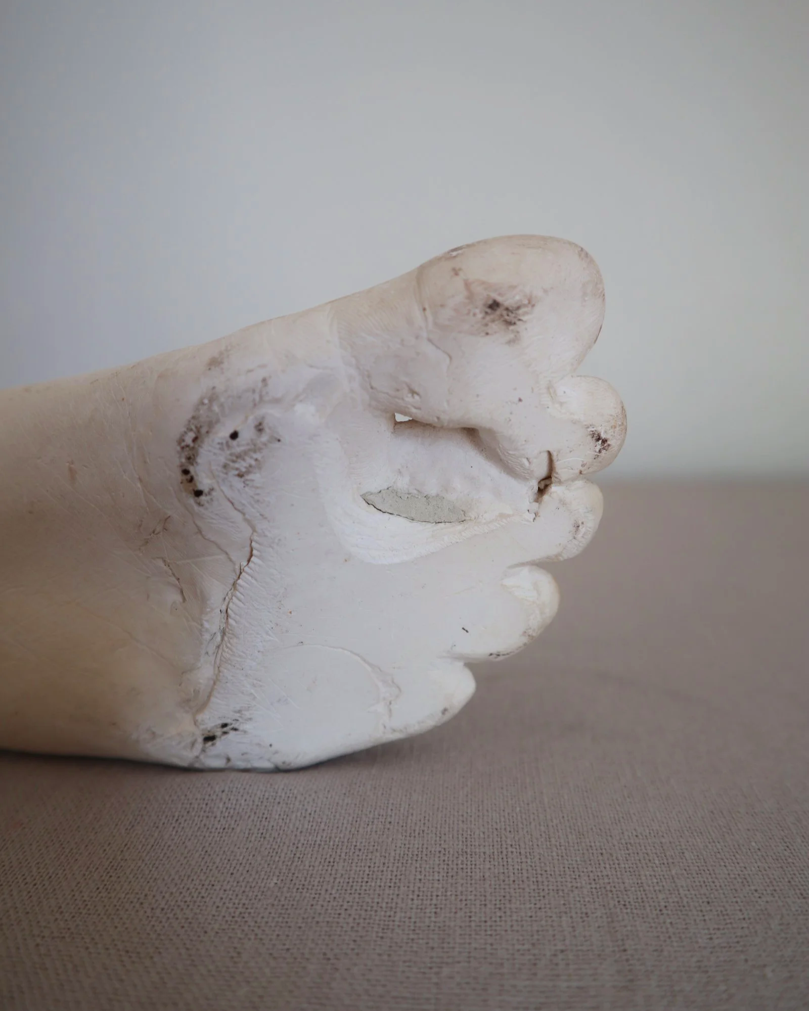Classical-style decorative plaster foot sculpture, likely used as an anatomical or art studio study model.