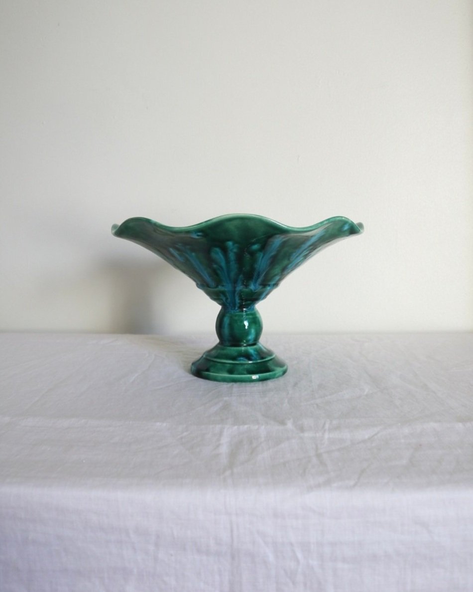 Studio pottery vibrant blue green shiny drip glaze pedestal cake stand / dish with wavy edge.