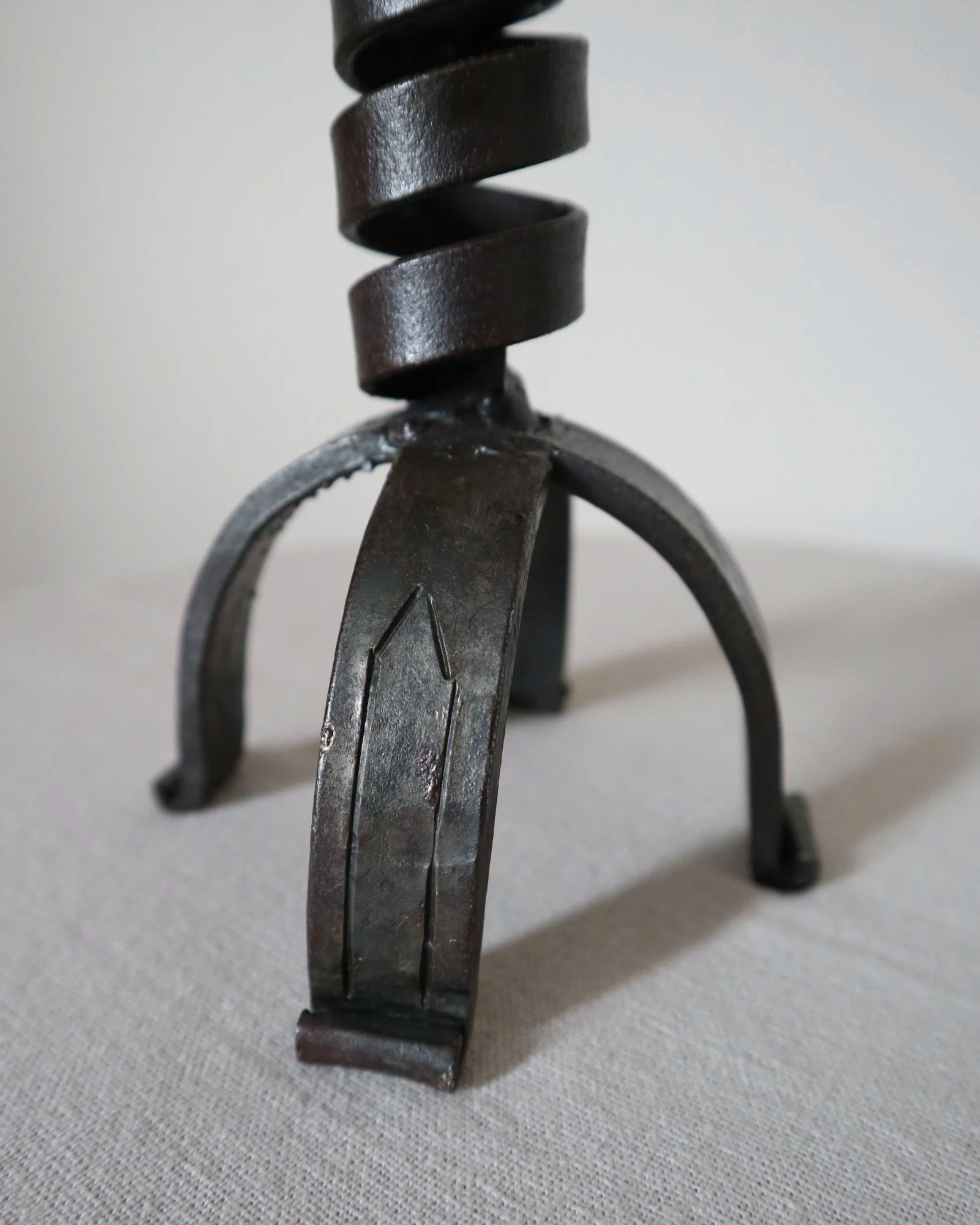 Vintage wrought iron ‘rat de cave’ style candleholder with turning spiral mechanism which raises the candle as it burns lower.