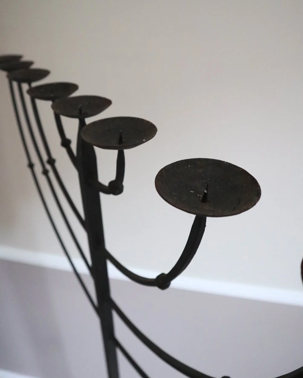 Large Brutalist wrought iron 9 arm Hanukkah candleholder. Circa 1970s.