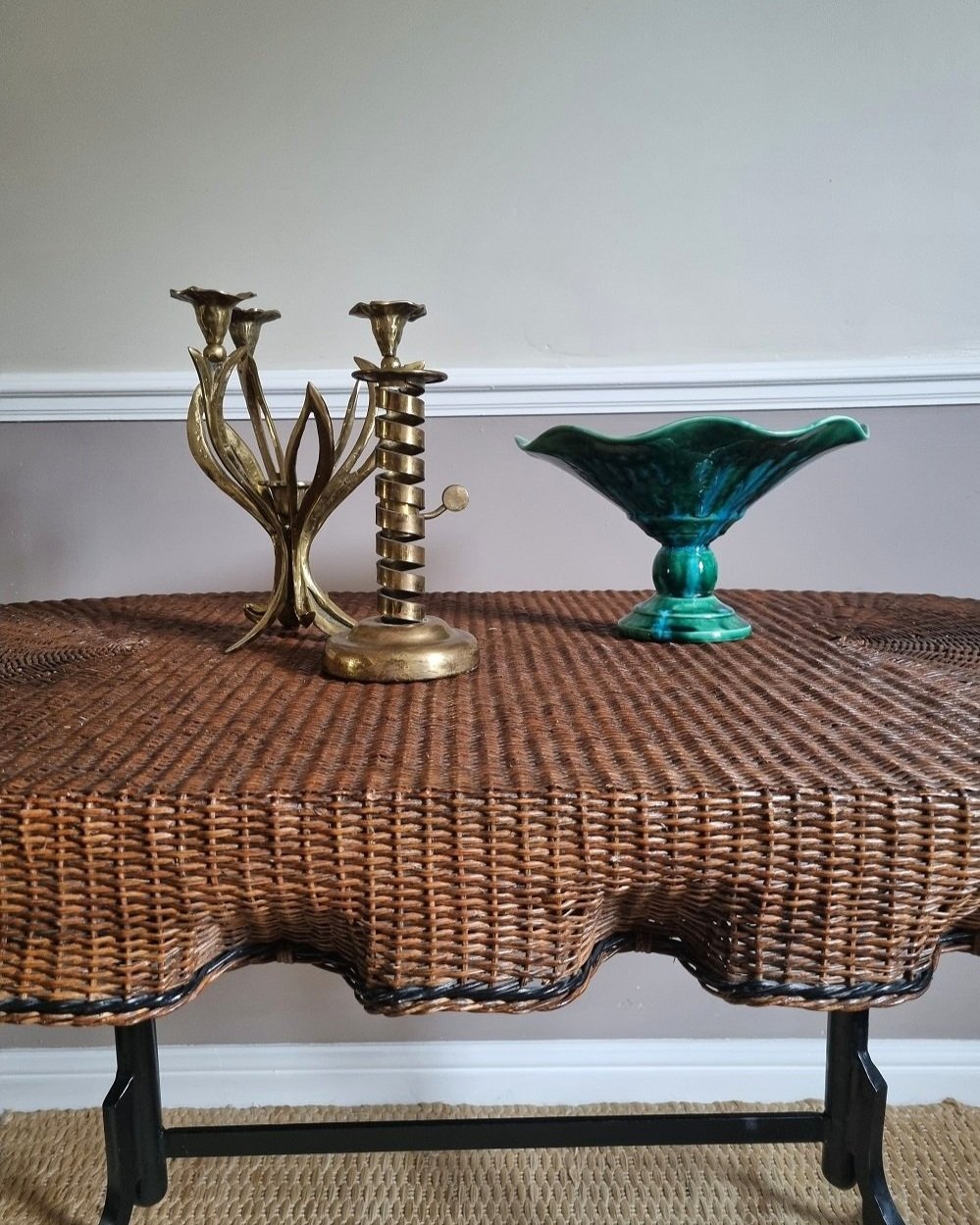 Rare, exquisite trompe l'oeil woven rattan table