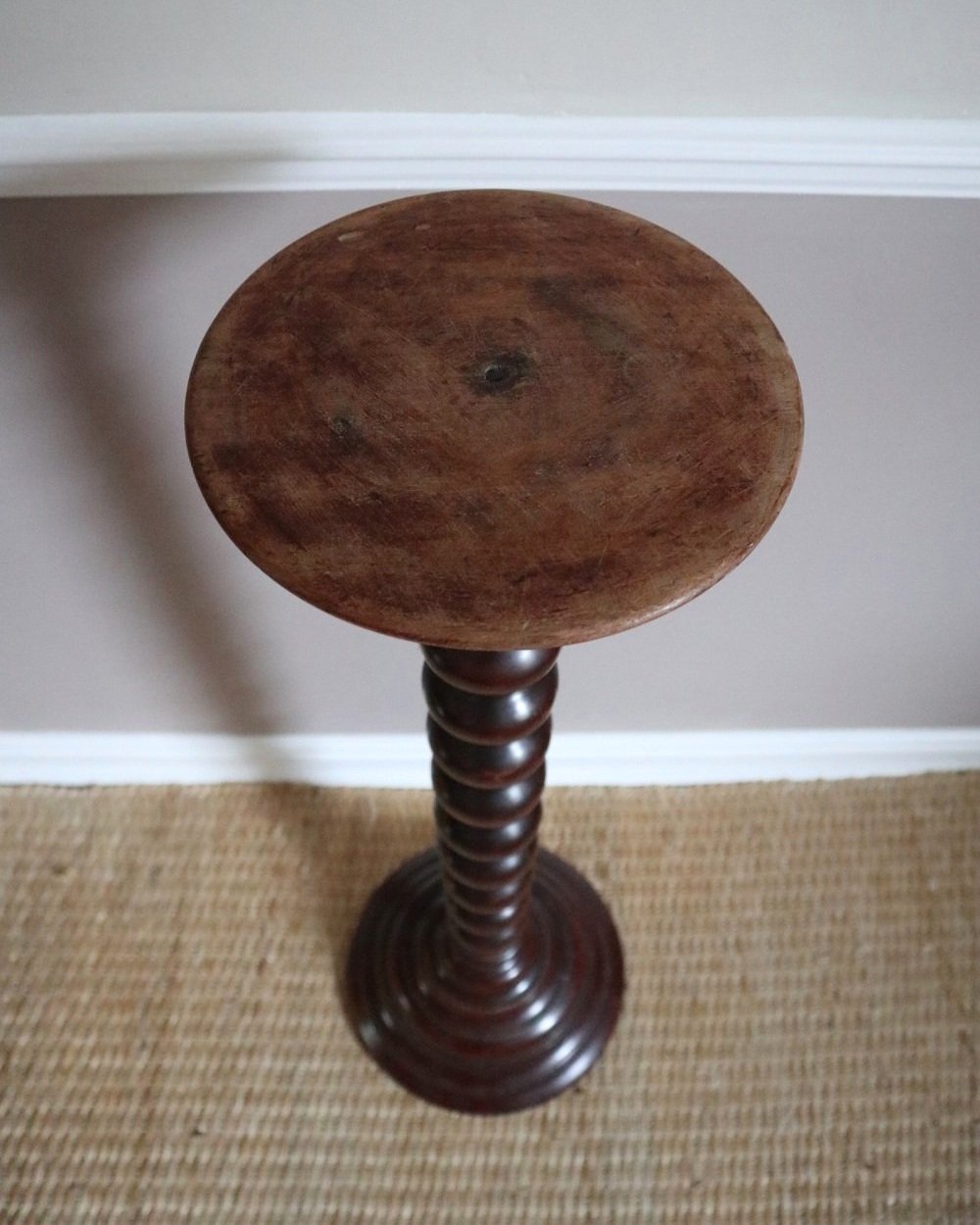 Tall mid century darkwood jardiniere plant stand display plinth with carved bobbin column and heavy turned wood base.