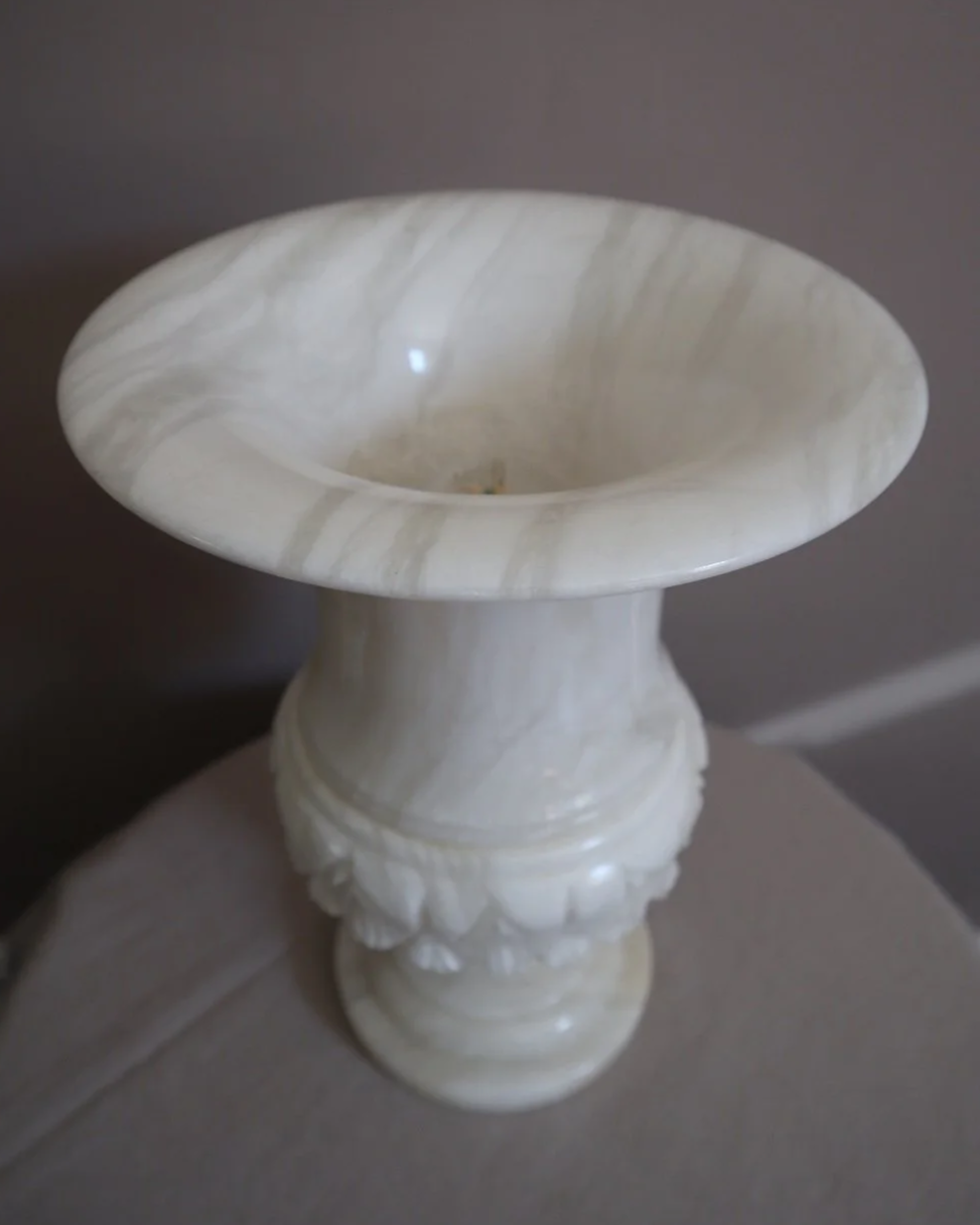 Large Italian carved alabaster urn table lamp, with delicate petal details.