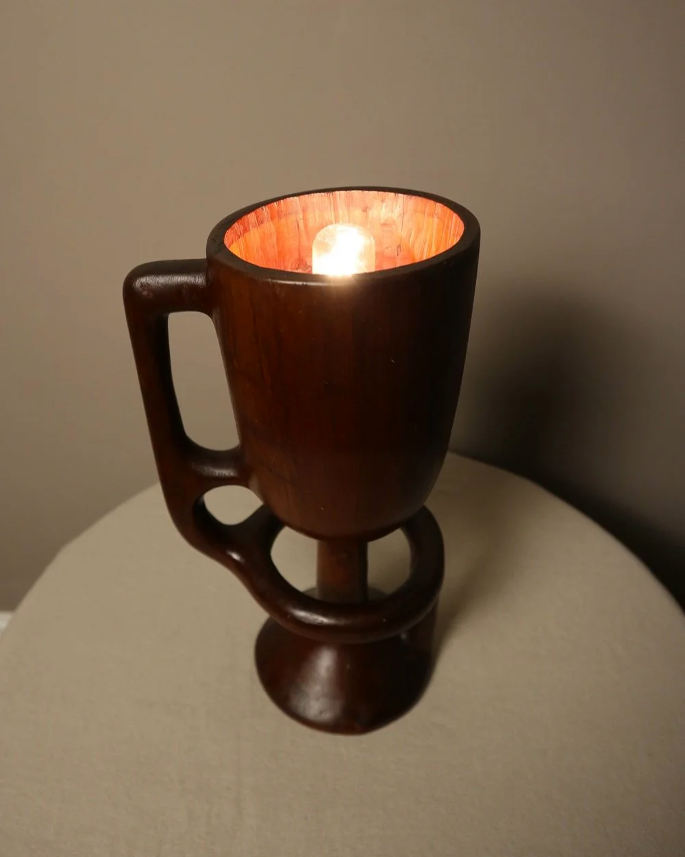 French sculptural carved wooden lamp. Originally circa 1970s