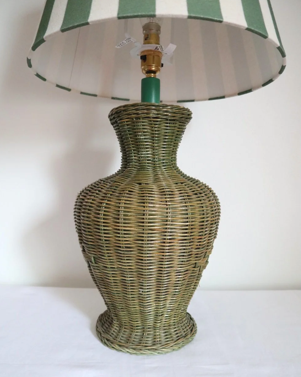 Vintage, large painted green woven wicker table lamp with new, vertical striped cotton lampshade.