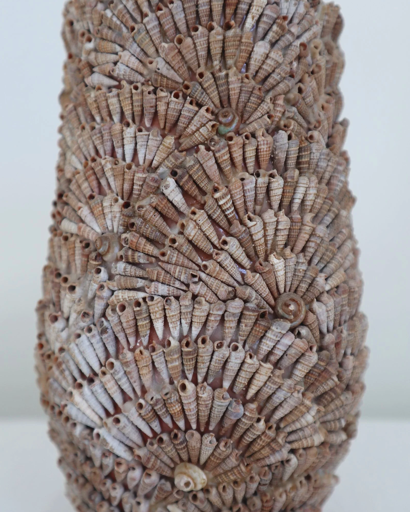 Vintage, handcrafted seashell-encrusted vase or vessel, likely French. Circa 1960s.