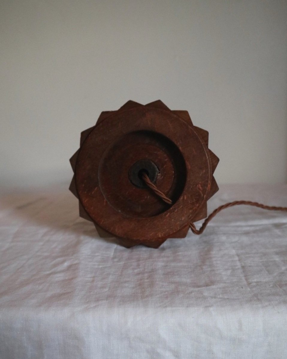 French Charles Dudouyt style carved wooden Brutalist table lamp with new, white pleated lampshade.