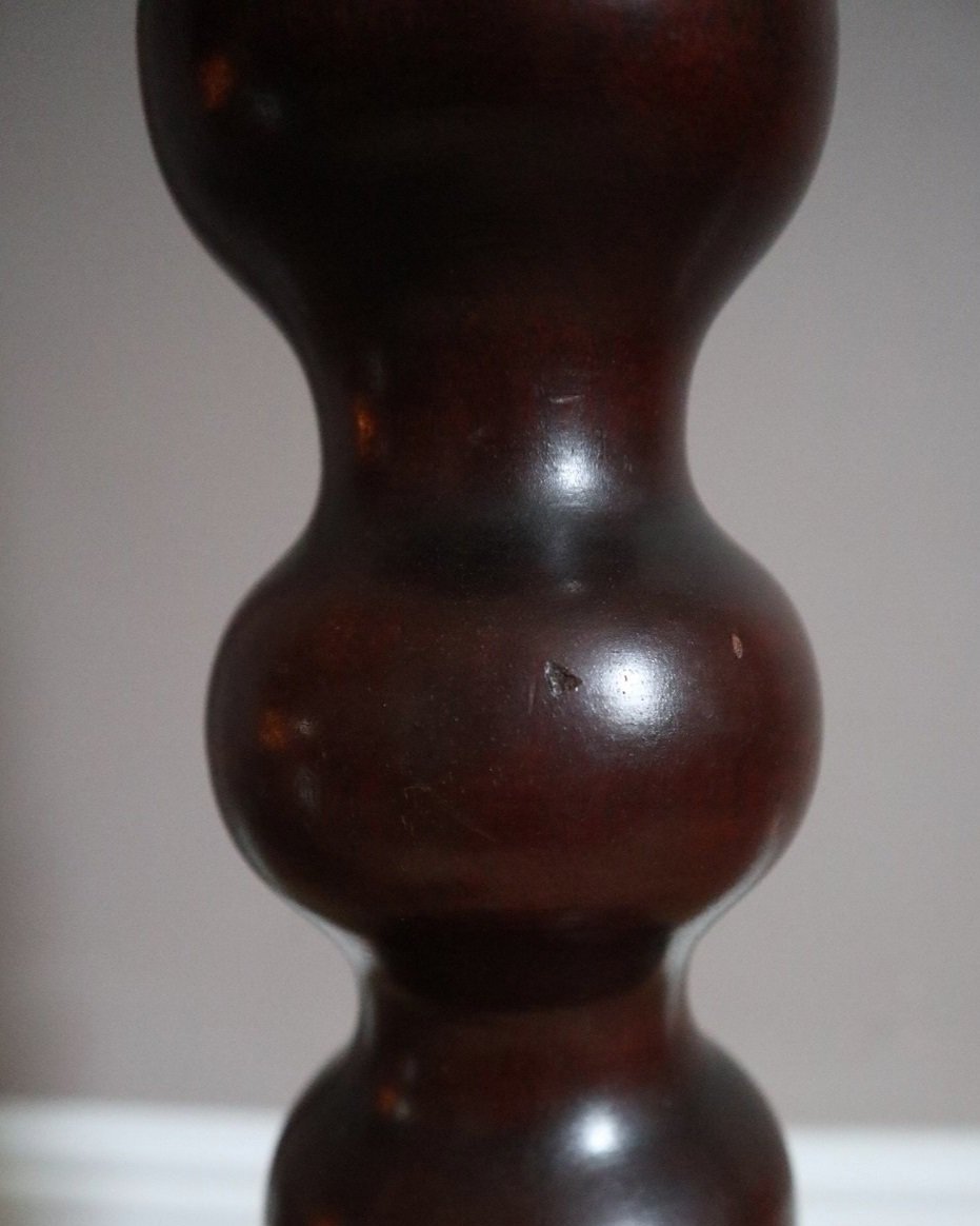 Tall mid century darkwood jardiniere plant stand display plinth with carved bobbin column and heavy turned wood base.