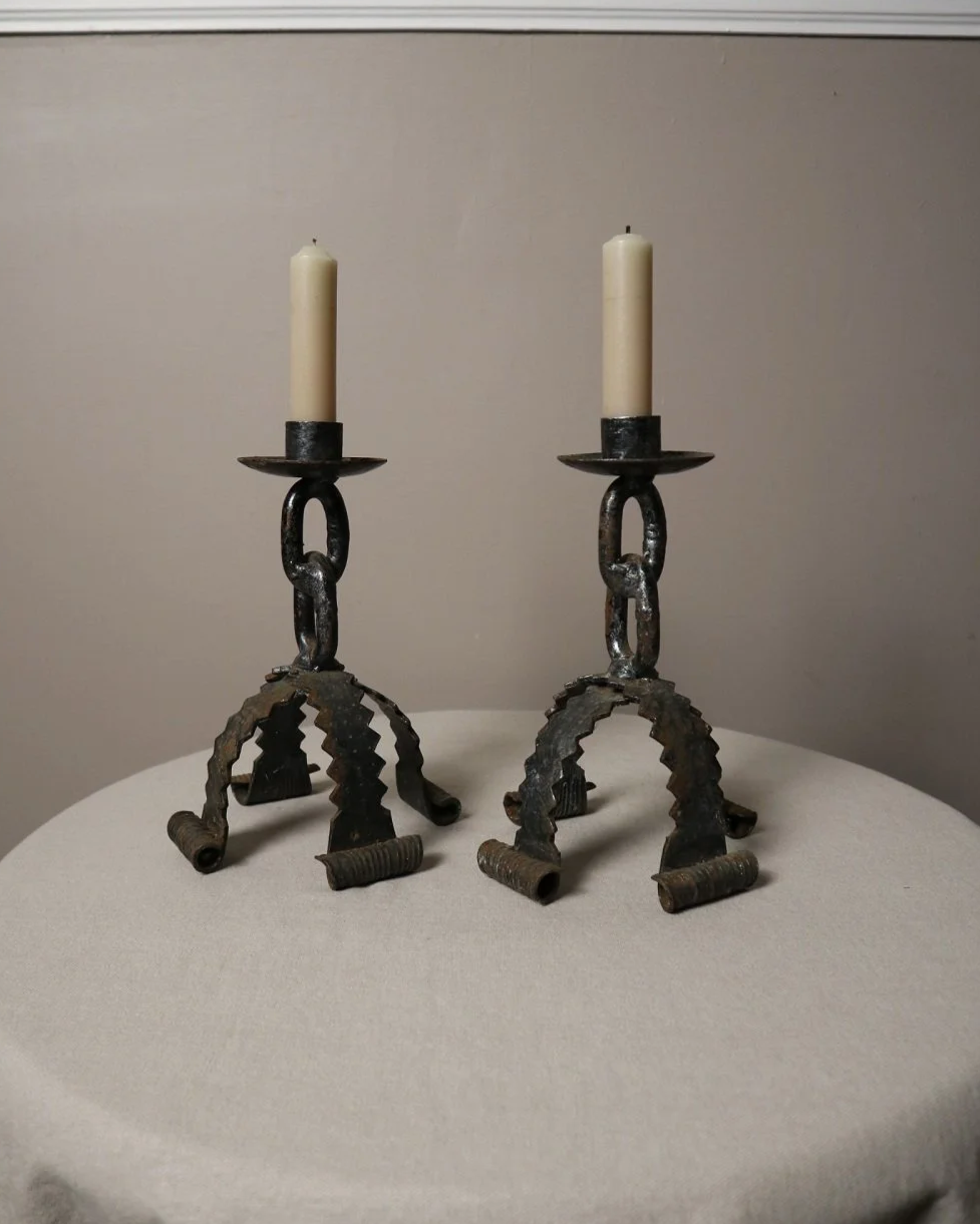 Pair of Brutalist iron candleholders