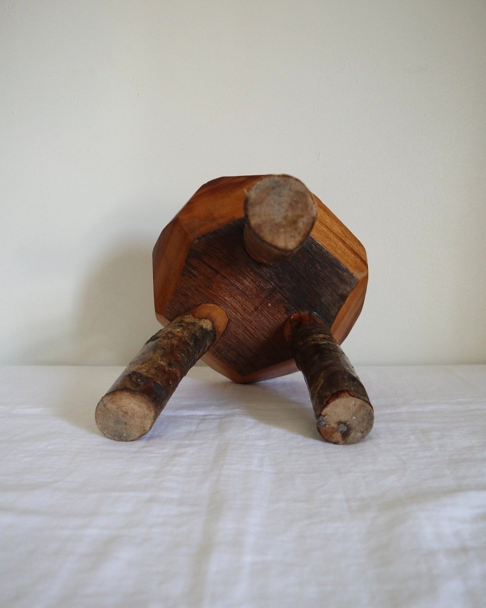 Vintage small rustic folk art handmade wooden stool from Fenterleigh Woodcraft, Tintagel Cornwall, Circa 1940s.
