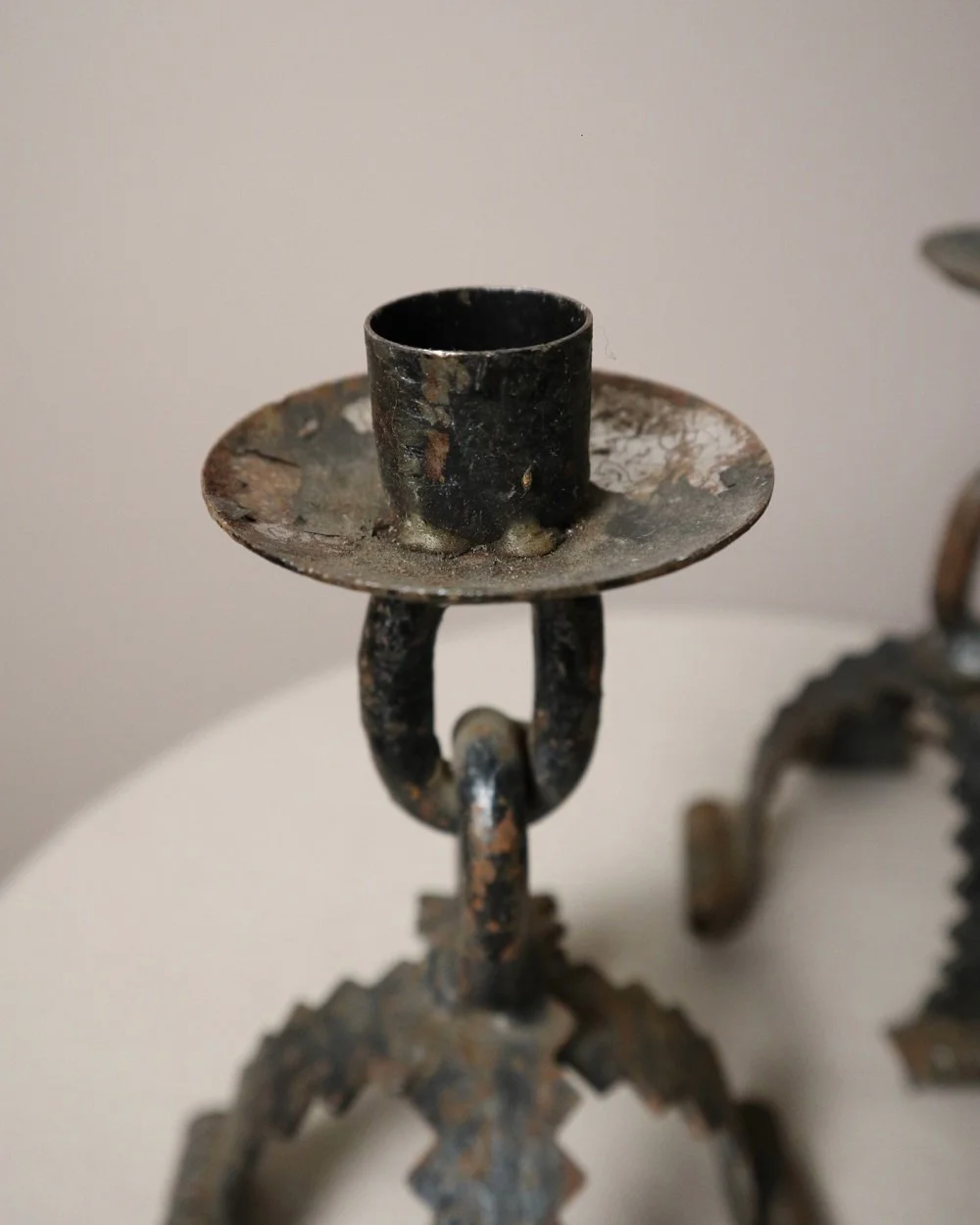 Pair of  French Brutalist wrought iron chain candleholders in the style of Franz West. Circa 1970s.