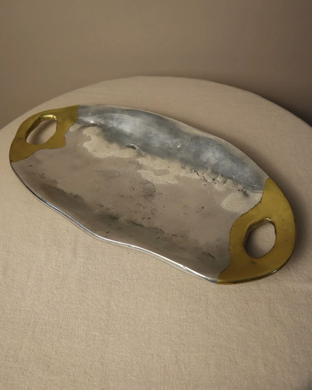 Brutalist heavy cast aluminium and brass decorative shallow bowl /dish by David Marshall, circa 1970s.