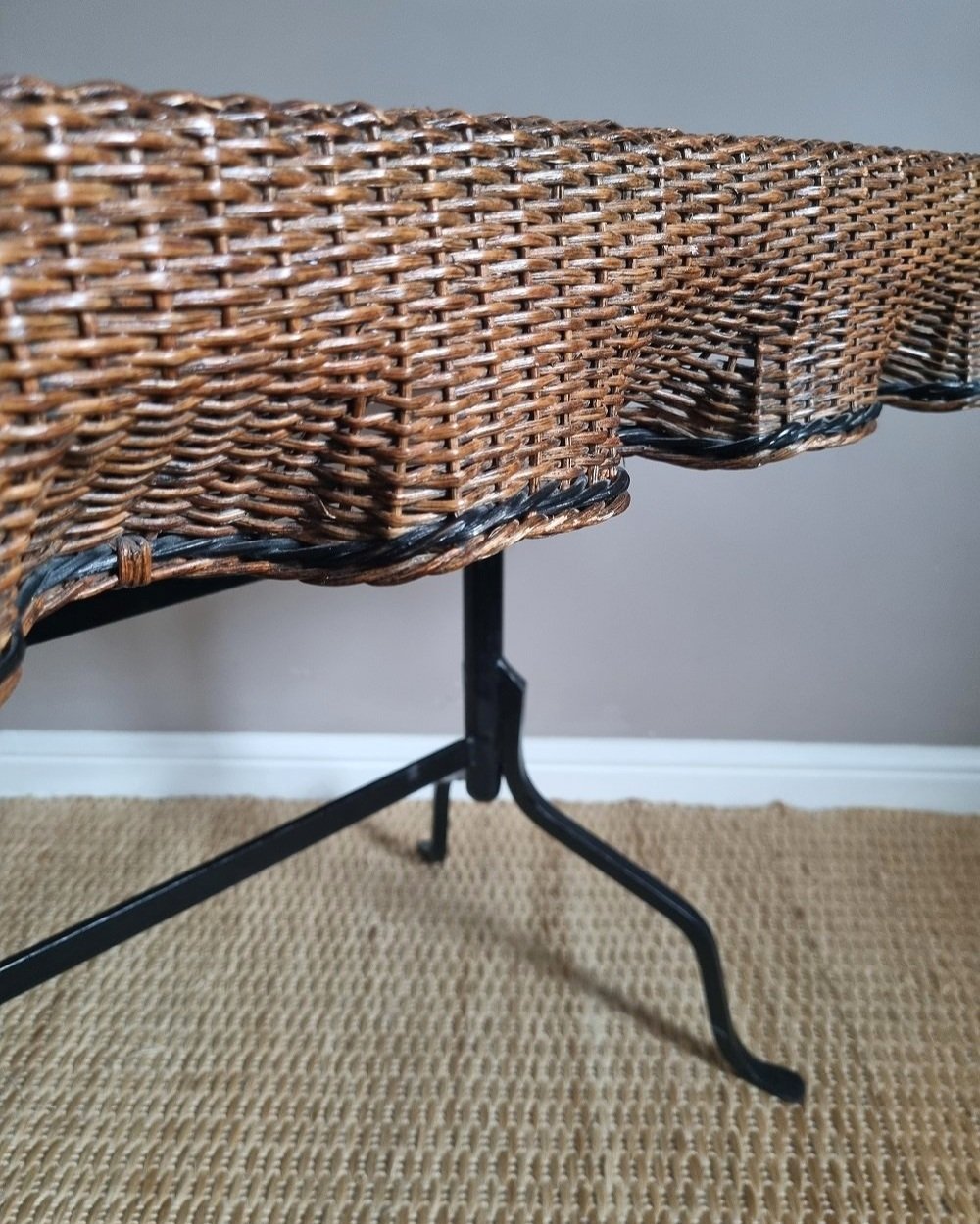 Rare, exquisite trompe l'oeil woven rattan table