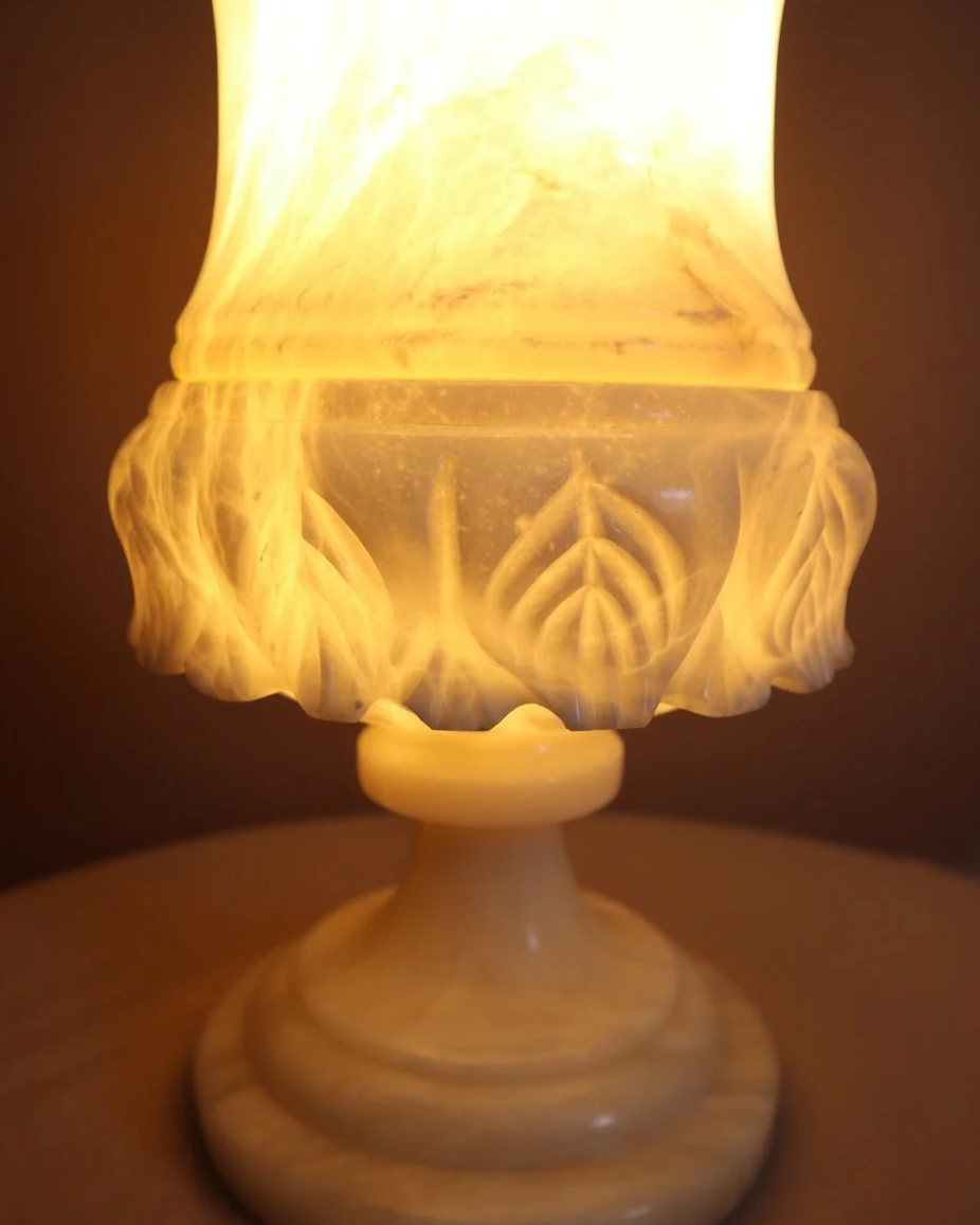 Large Italian carved alabaster urn table lamp, with delicate petal details.