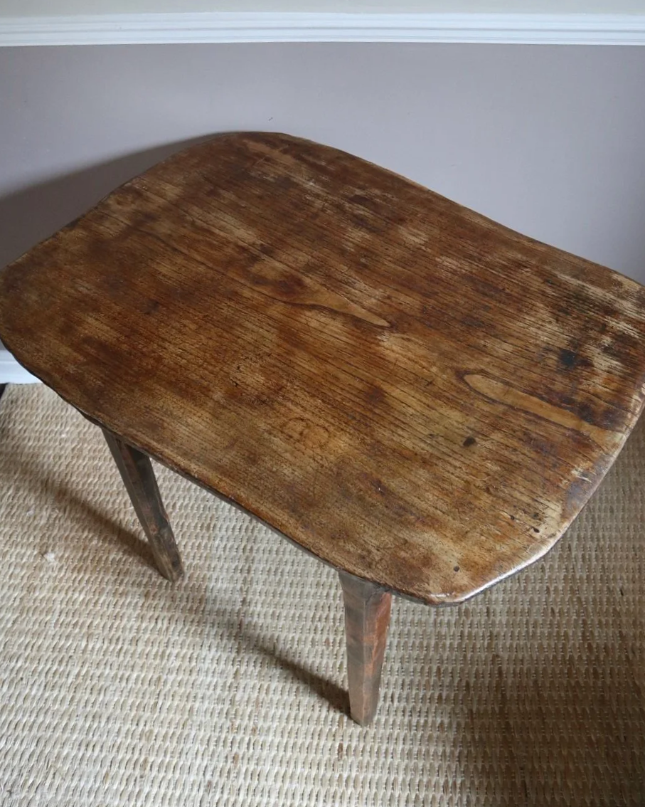 Vintage French, rustic tall wooden hallway table with organic, curved edge top.