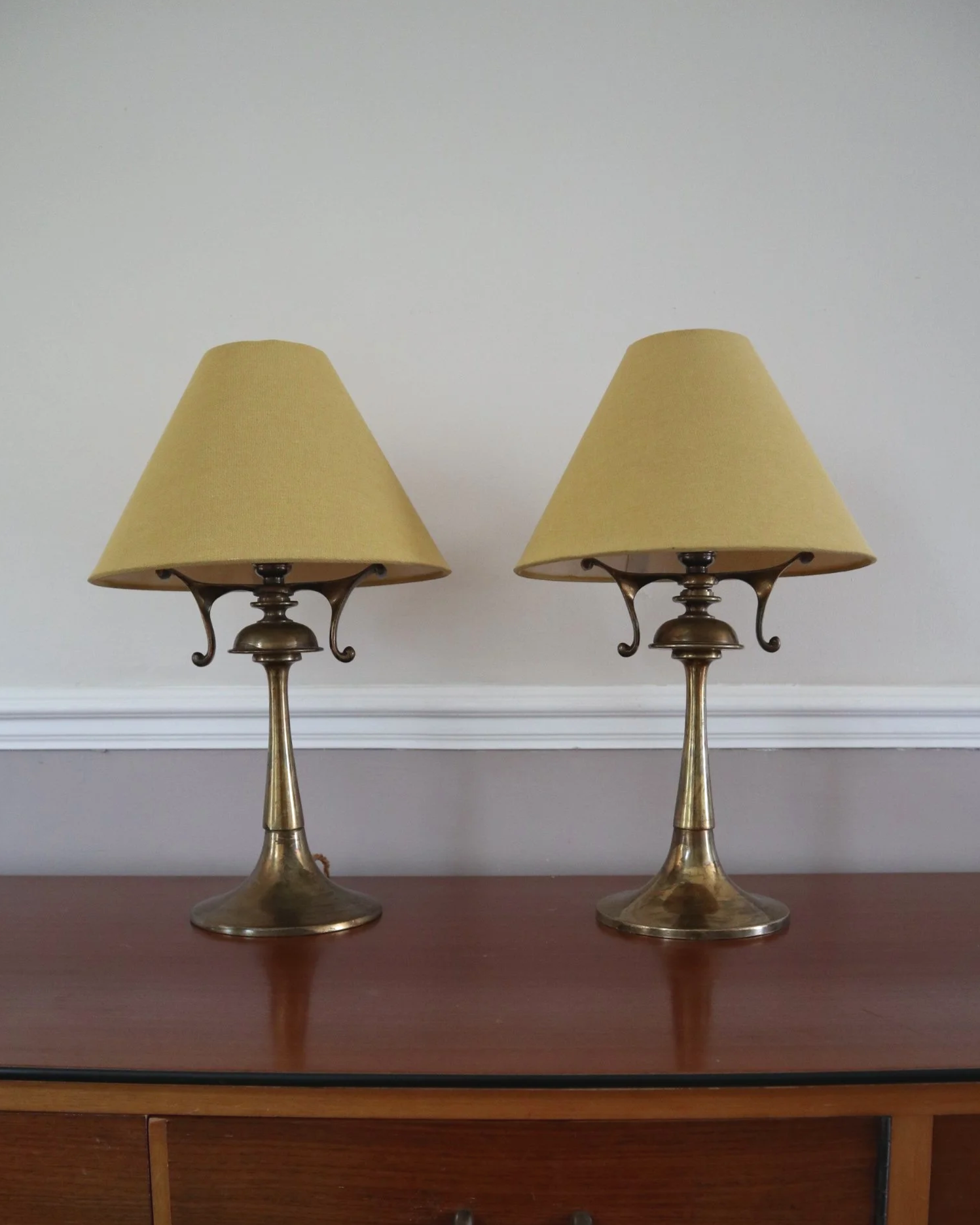 Pair of elegant Art Nouveau style heavy brass table lamps.