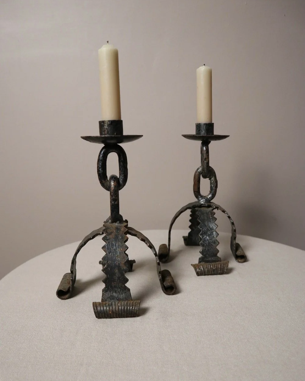 Pair of  French Brutalist wrought iron chain candleholders in the style of Franz West. Circa 1970s.