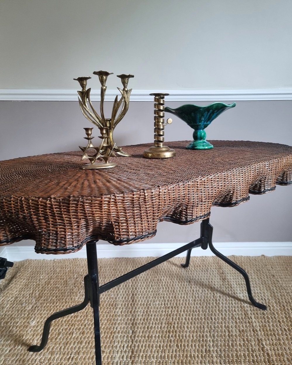 Rare, exquisite trompe l'oeil woven rattan table