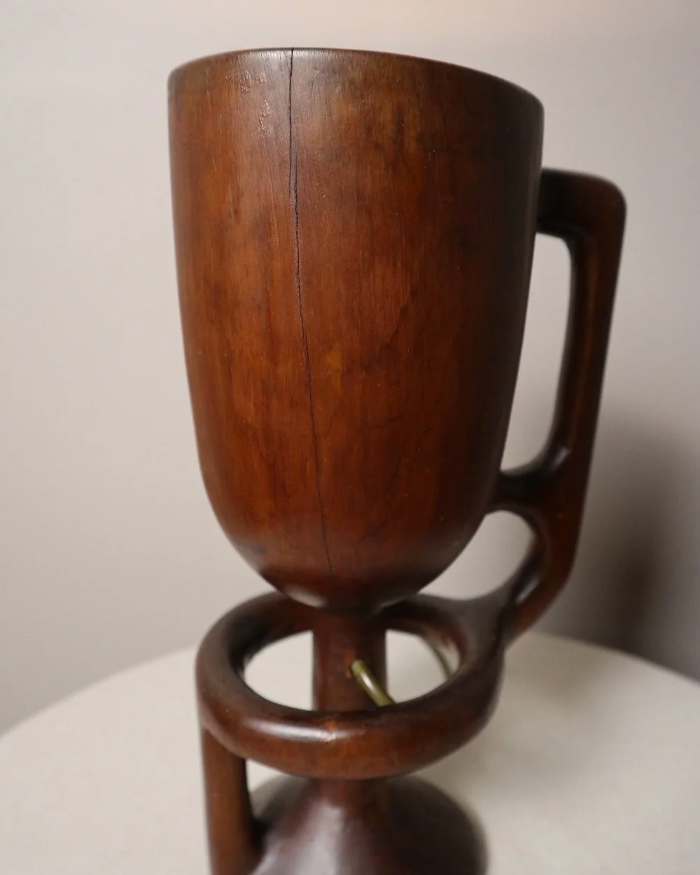 French sculptural carved wooden lamp. Originally circa 1970s