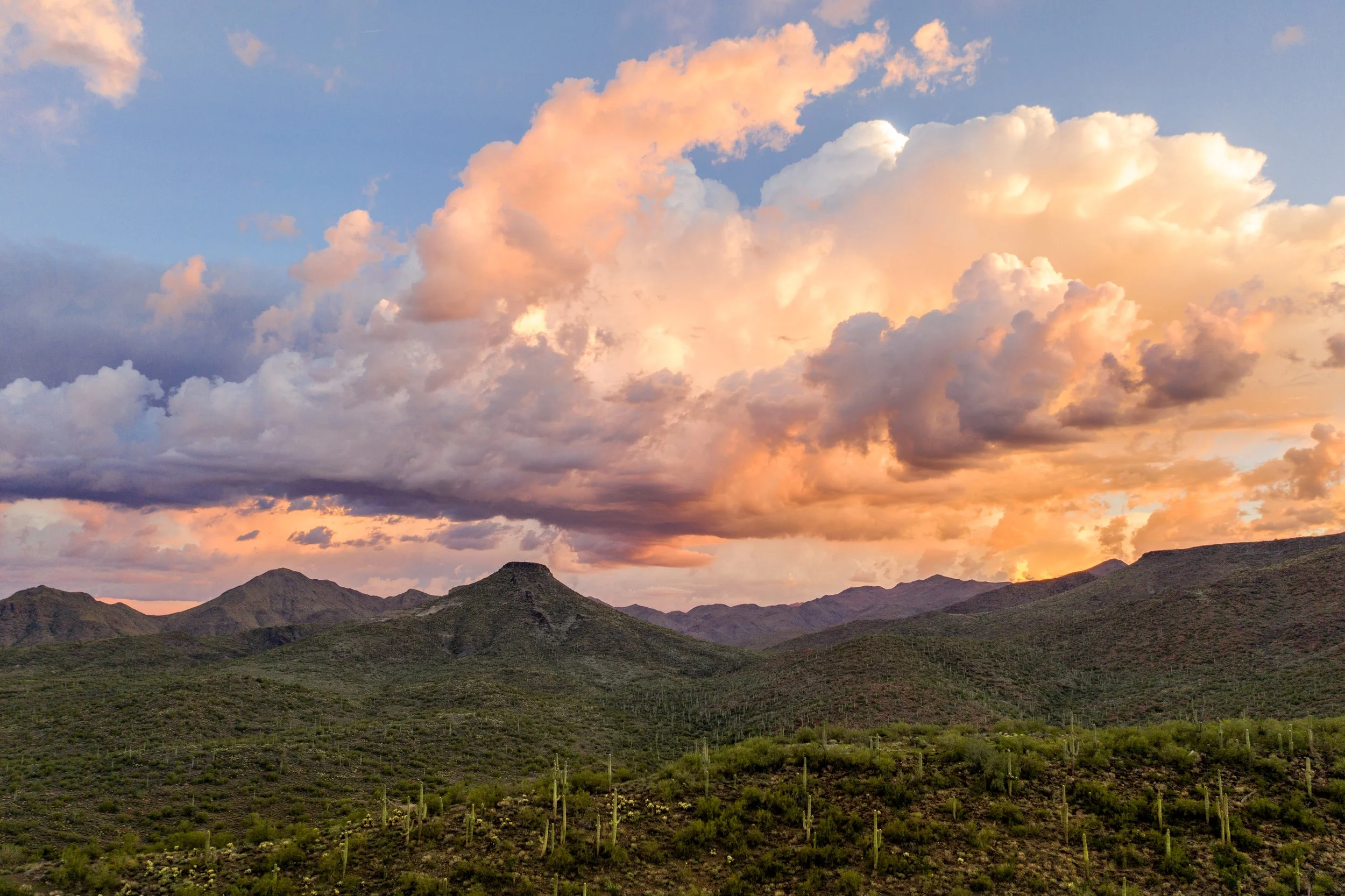 A desert landscape at sunset with green cacti and mountains under a colorful sky with large, fluffy clouds.