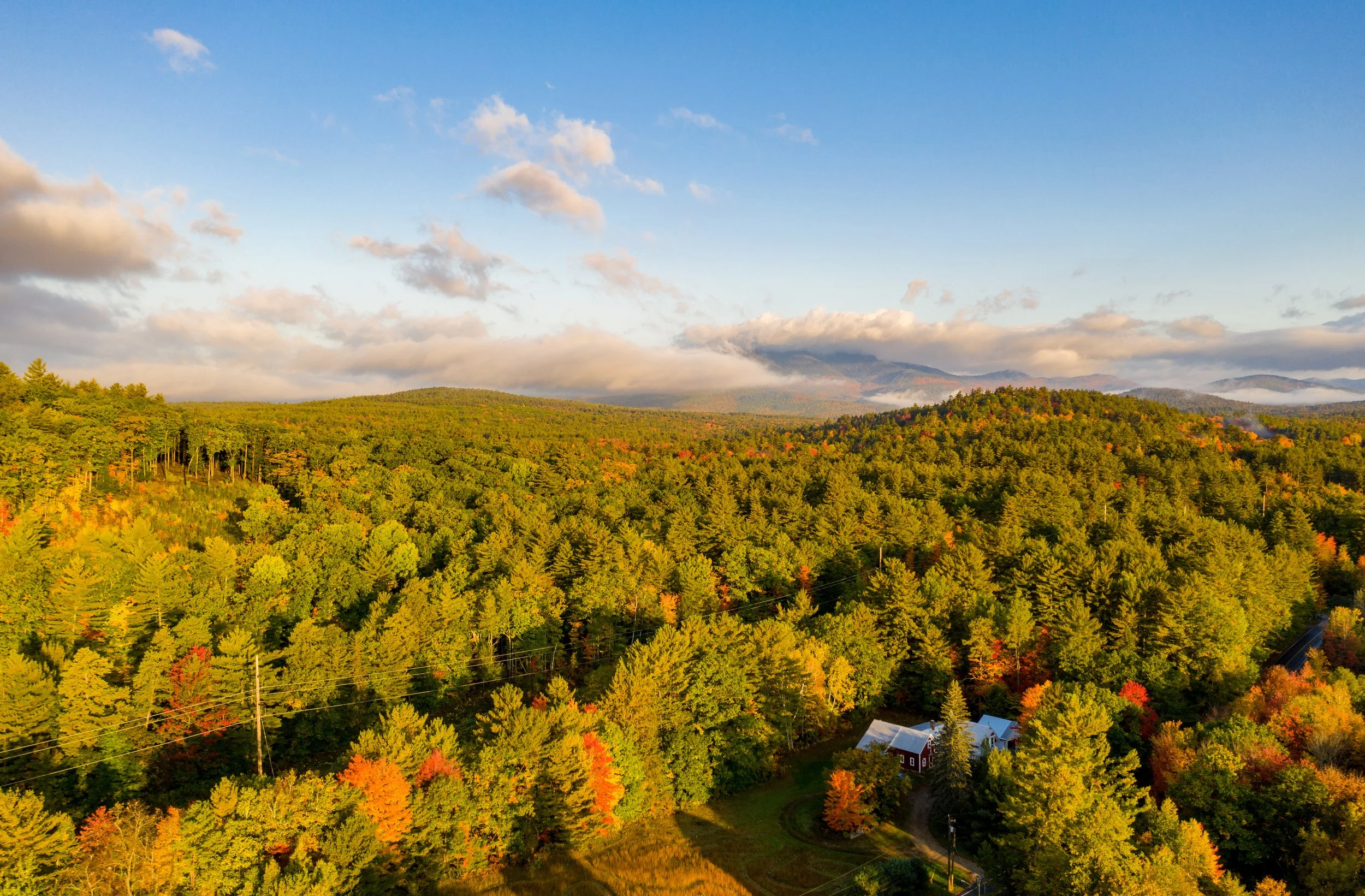A scenic landscape of green and fall-colored trees in a hilly area with a few houses, mountains in the background, and a partly cloudy sky.