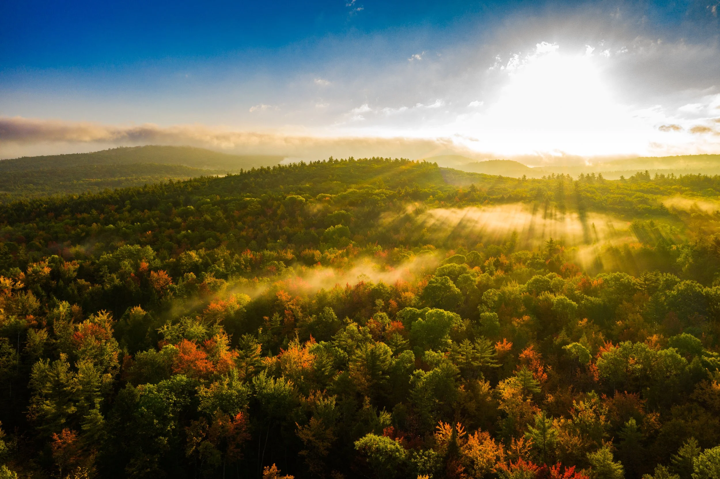 Sun shining over a forested mountain landscape with fog and clouds.