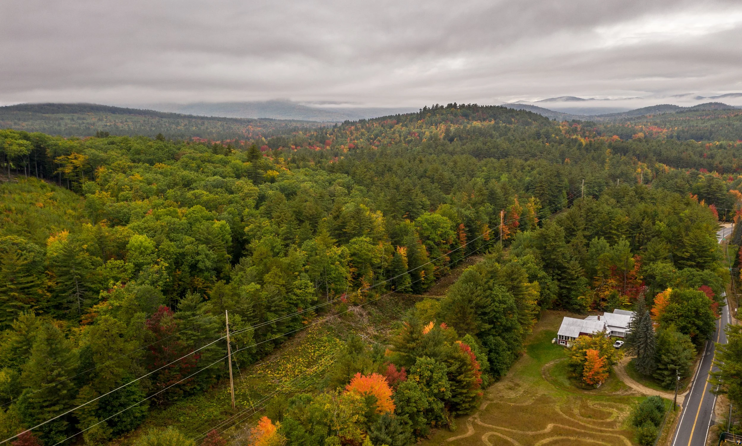A scenic view of a forested mountain landscape with green and autumn-colored trees, a winding road, and a few houses under a cloudy sky.