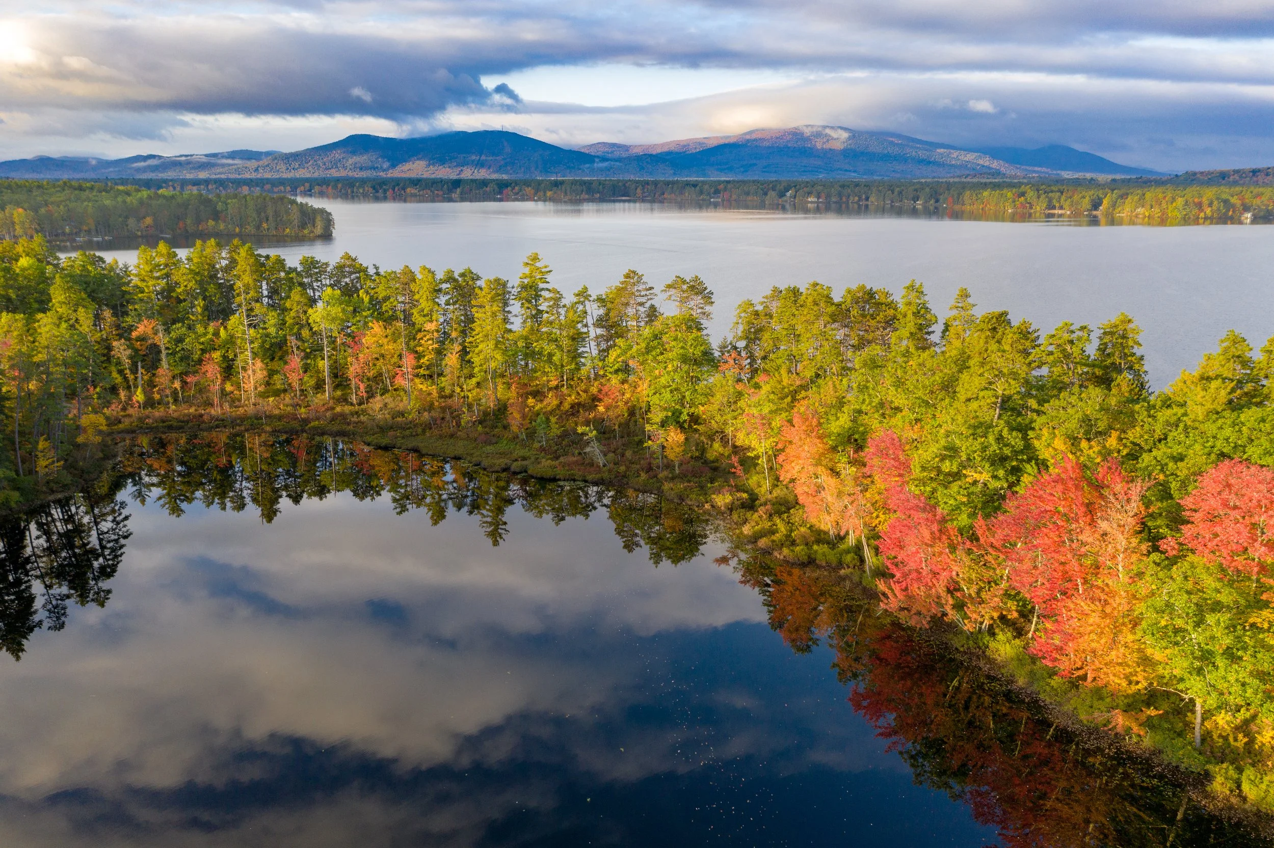 A scenic landscape featuring a calm lake reflecting a forest with trees in fall colors, a mountain range in the background, and a cloudy sky overhead.
