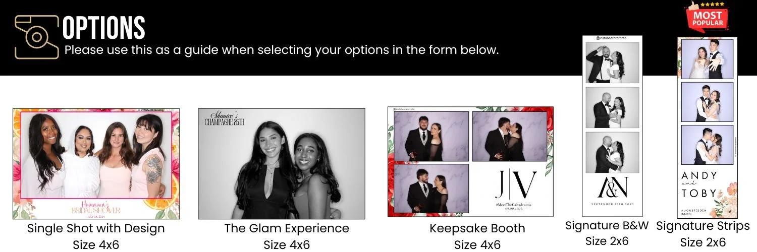 Collection of five photo booth print options with various black and white and color designs, featuring couples or groups of people, sizes 4x6 and 2x6.