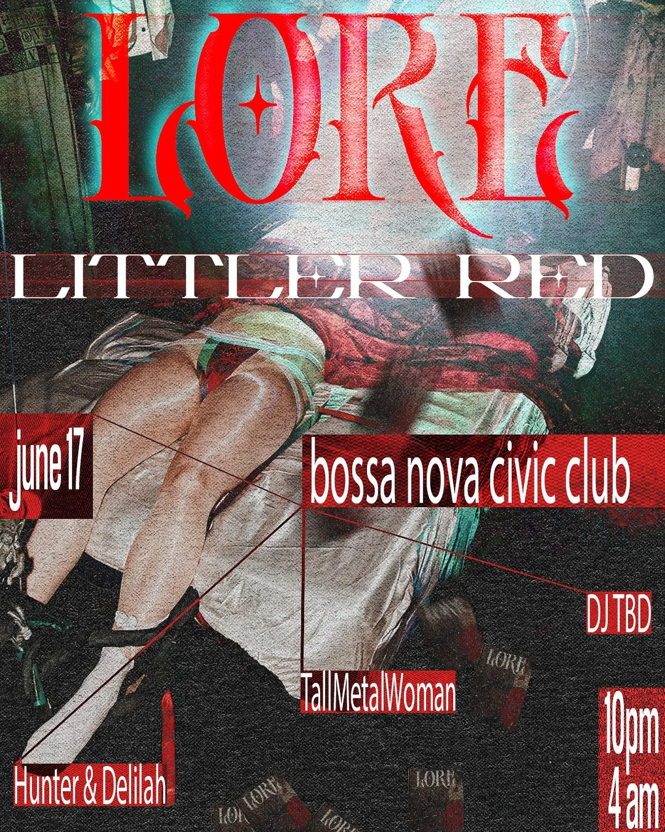 LORE is back with LITTLER RED, our first ever night at Bossa, on June 17 💔

a new chapter for LORE, this event will focus on storytelling through dance music, with an updated take on our &ldquo;Little Red&rdquo; narration followed by sets from two a