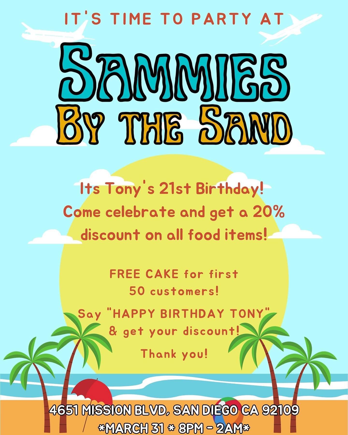 Save the date! We have an event at Sammies by the Sand that you wont want to miss! 🎉🥪 #sandiego #pacificbeachsandiego #sandwich #snacks #beachparty #deals #discounts #smallbusiness