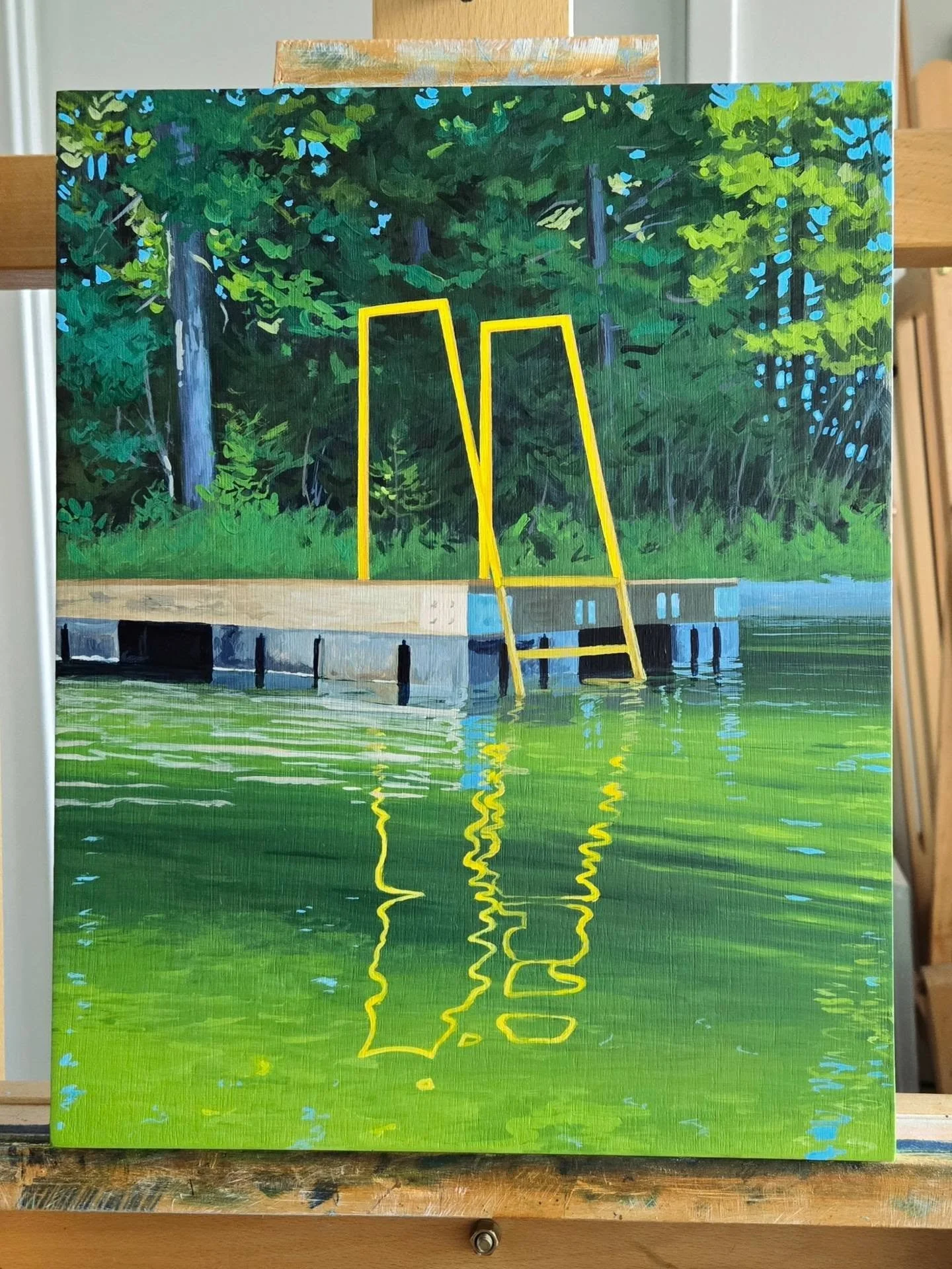 Deep Bay Swim ☀️🌲
14 x 11" 
Acrylic on wood panel
