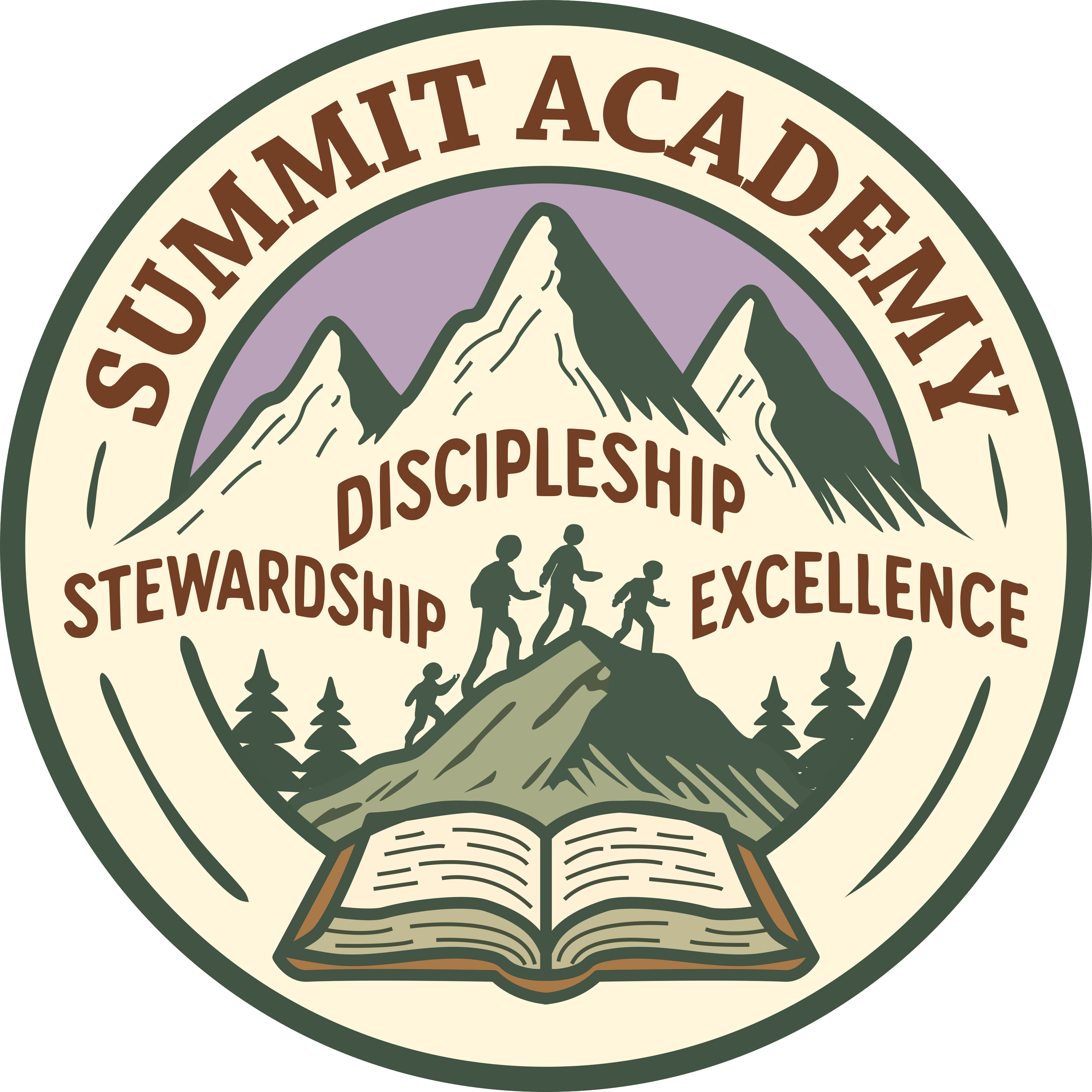 Circular emblem with mountains and trees in the background, an open book at the bottom, and the words 'STEWARDSHIP' and 'DISCIPLESHIP' visible.