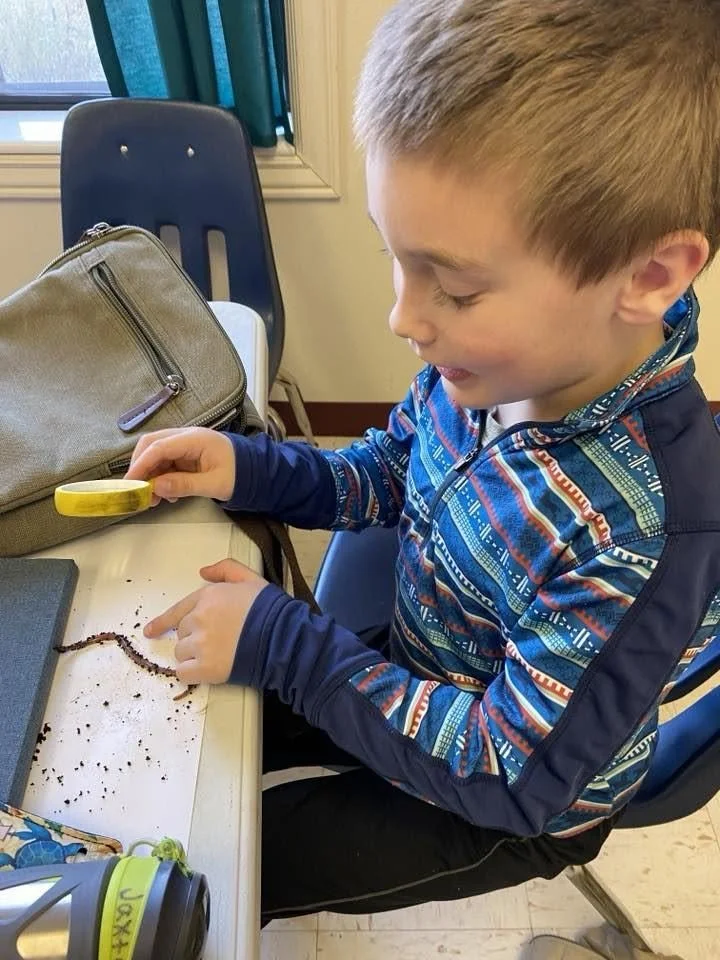A young boy with short blond hair wearing a colorful, patterned long-sleeve shirt sitting at a desk, holding a yellow magnifying glass and examining soil and a earthworm on a white paper. There is a bottle with a green lid, a gray backpack, and a black closed notebook on the desk.