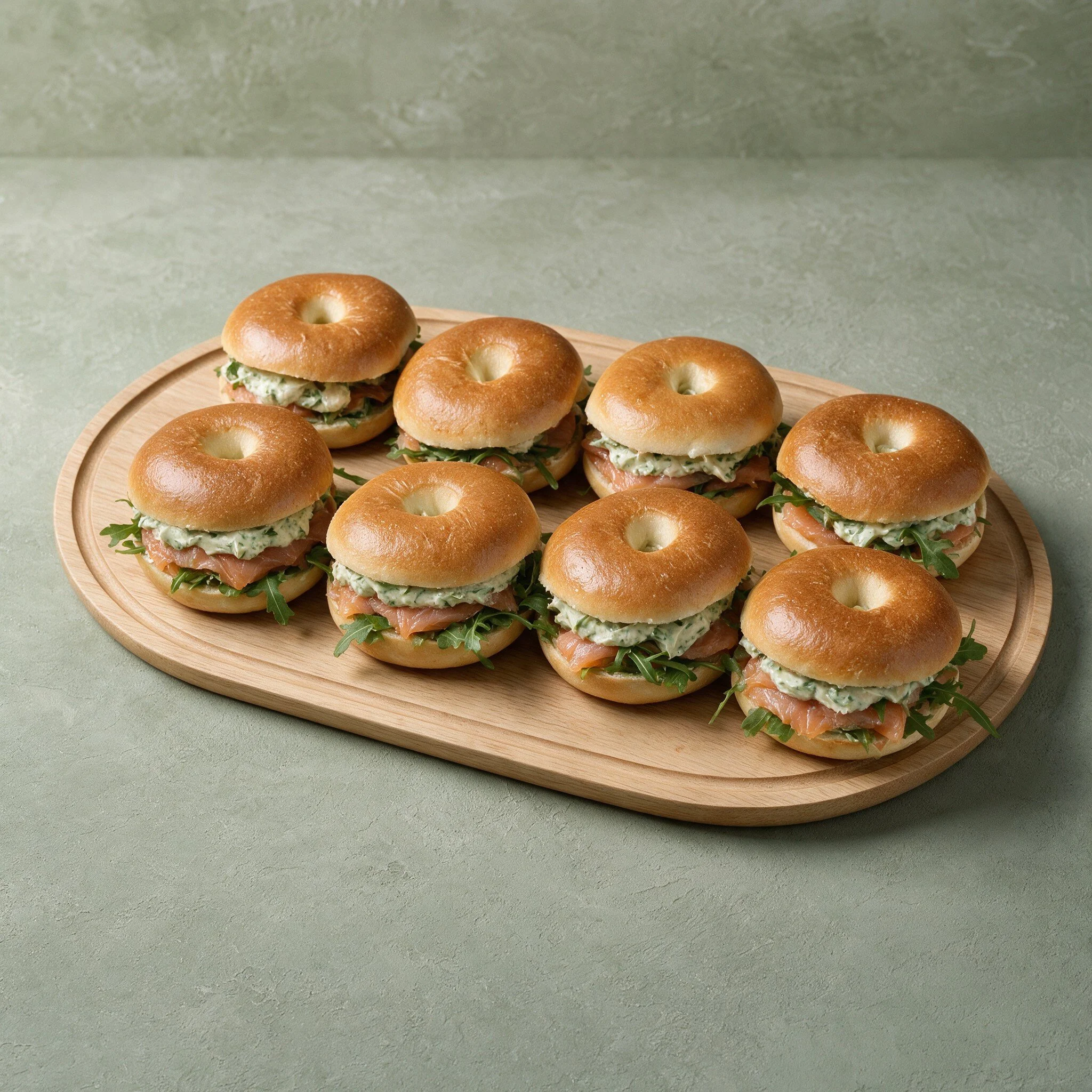 Mini boiled bagels - filled with smoked salmon, herb jalapeno cream & rocket