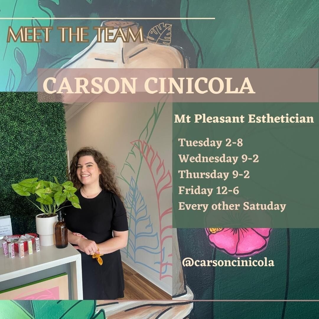 🌿 M E E T  C A R S O N 🌿

&bull; She's worked at Waxed Salon for 2.5 years now 🥳
&bull; She has 2 dogs &amp; a cat 🐈 
&bull; And her favorite service is facials 💆🏽&zwj;♀️

You can schedule with Carson at our Mt Pleasant location by giving us a 