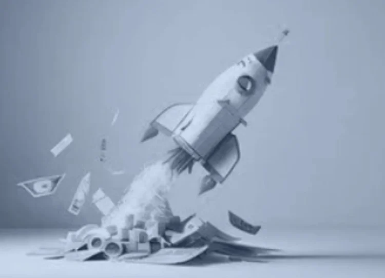 Paper rocket launching from a pile of banknotes