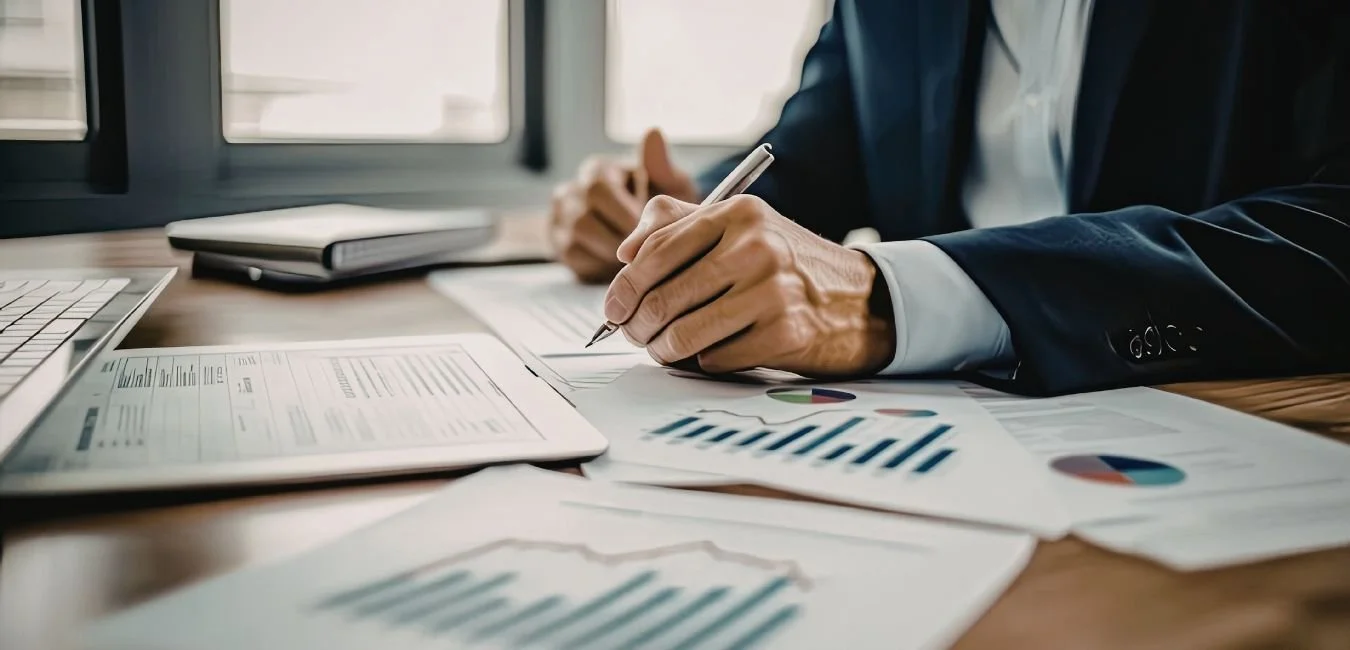 Finance professional annotating property development financial modelling charts and reports at a desk