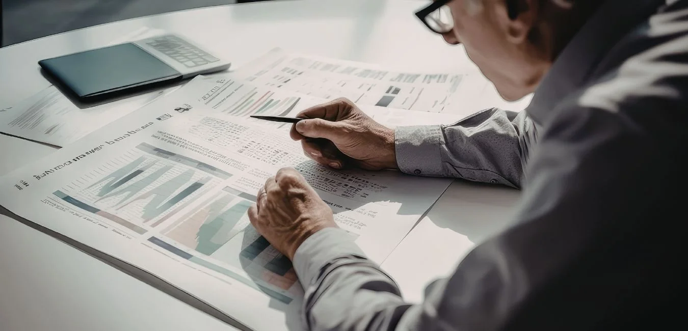 Finance professional studying printed Excel financial modelling charts and data during a training session