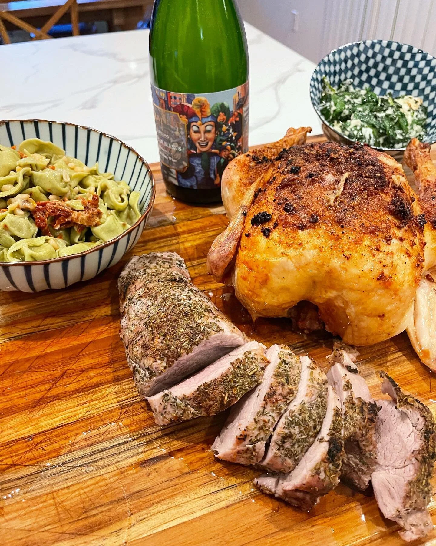 Smoked garlic and Parmesan crusted chicken, Italian herb pork tenderloin, spinach and cheese tortellini with sun dried tomatoes and one of the last of our early discouraged Blanc de blancs (3yrs on the lees while our second disgourge was around 4yrs)