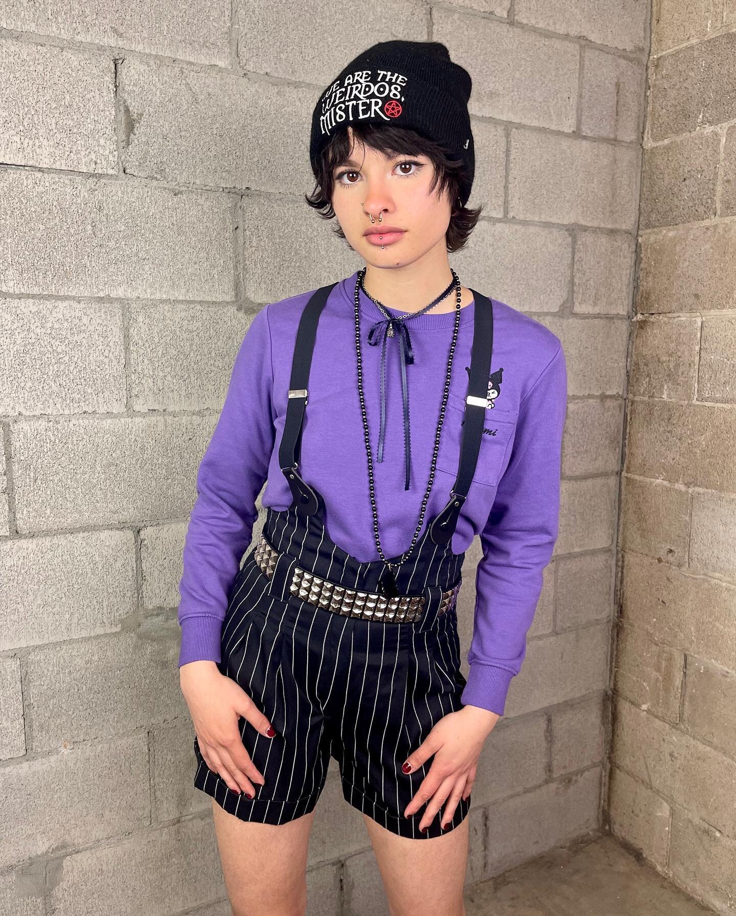Available NOW 😈🖤👾🏴&zwj;☠️😈
Samri License purple crewneck sweatshirt with Kuromi graphic and embroidered pocket, size S
$18
Contempo Casuals vintage 90s pinstripe high rise shorts with suspenders, size 5
$28
The Craft &ldquo;we are the weirdos, m