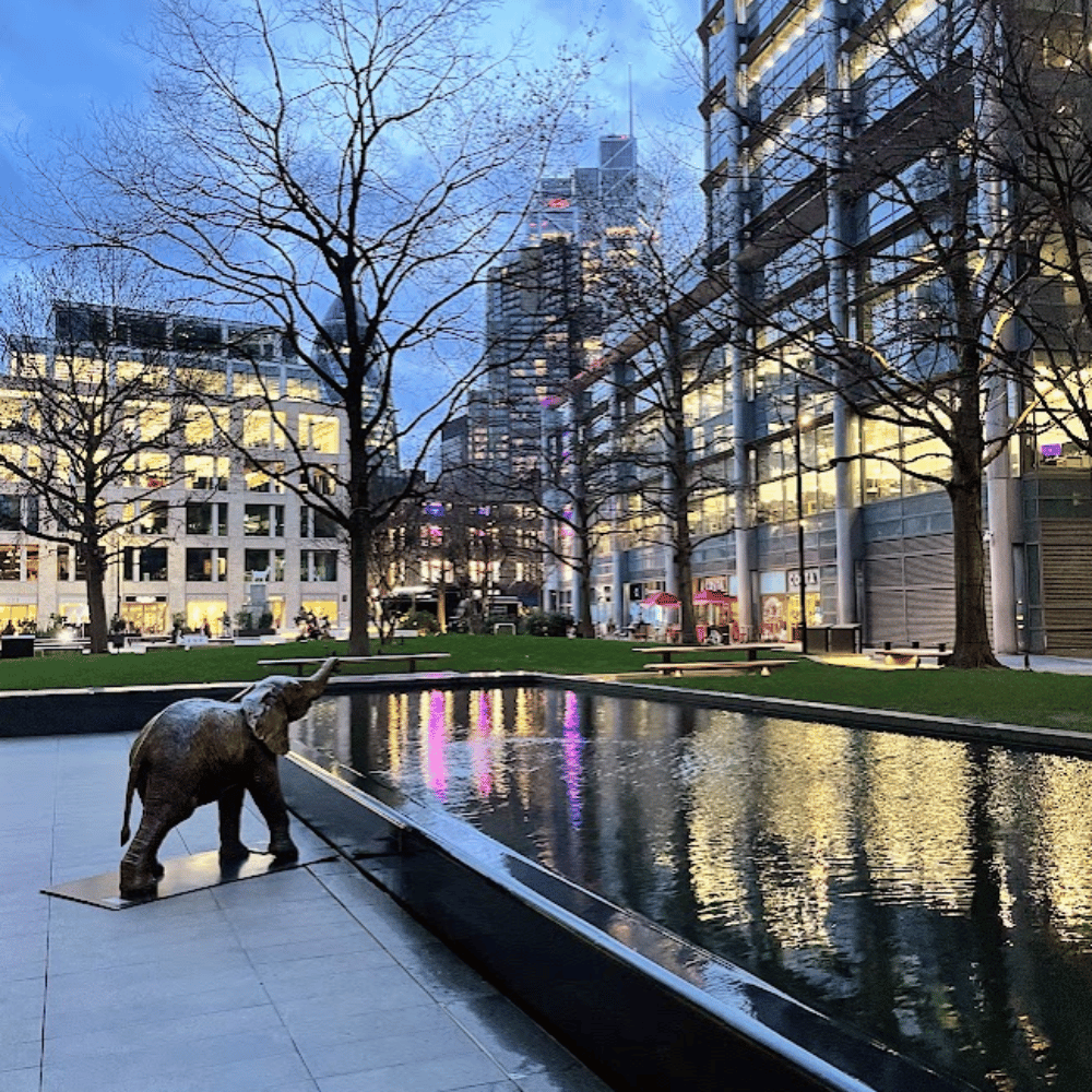Spitalfields market at night with elephant sculpture