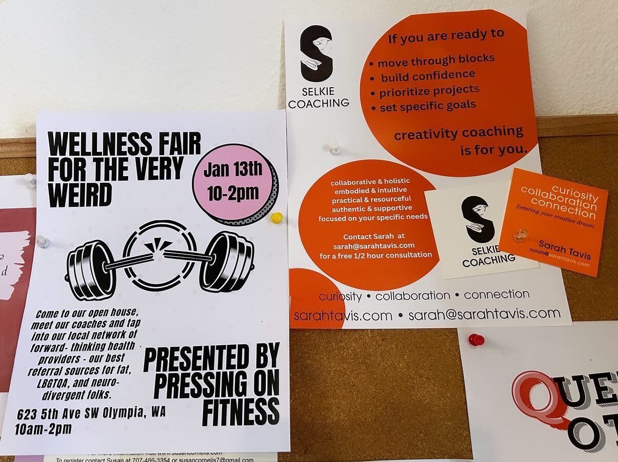 At the @olyphant_artsupply community board, Selkie Coaching is flier buddies with @pressingonfitness (I&rsquo;m also a client! If you want a safe, friendly, supportive experience getting stronger, these folks are IT!)