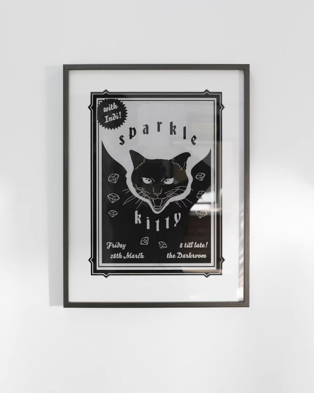 Blast from the past for NZ Music Month. Sparkle Kitty poster that I found from my uni days. 

Triple mat with decorative corners, custom sparkle frame and 99%UV glass. 🖤