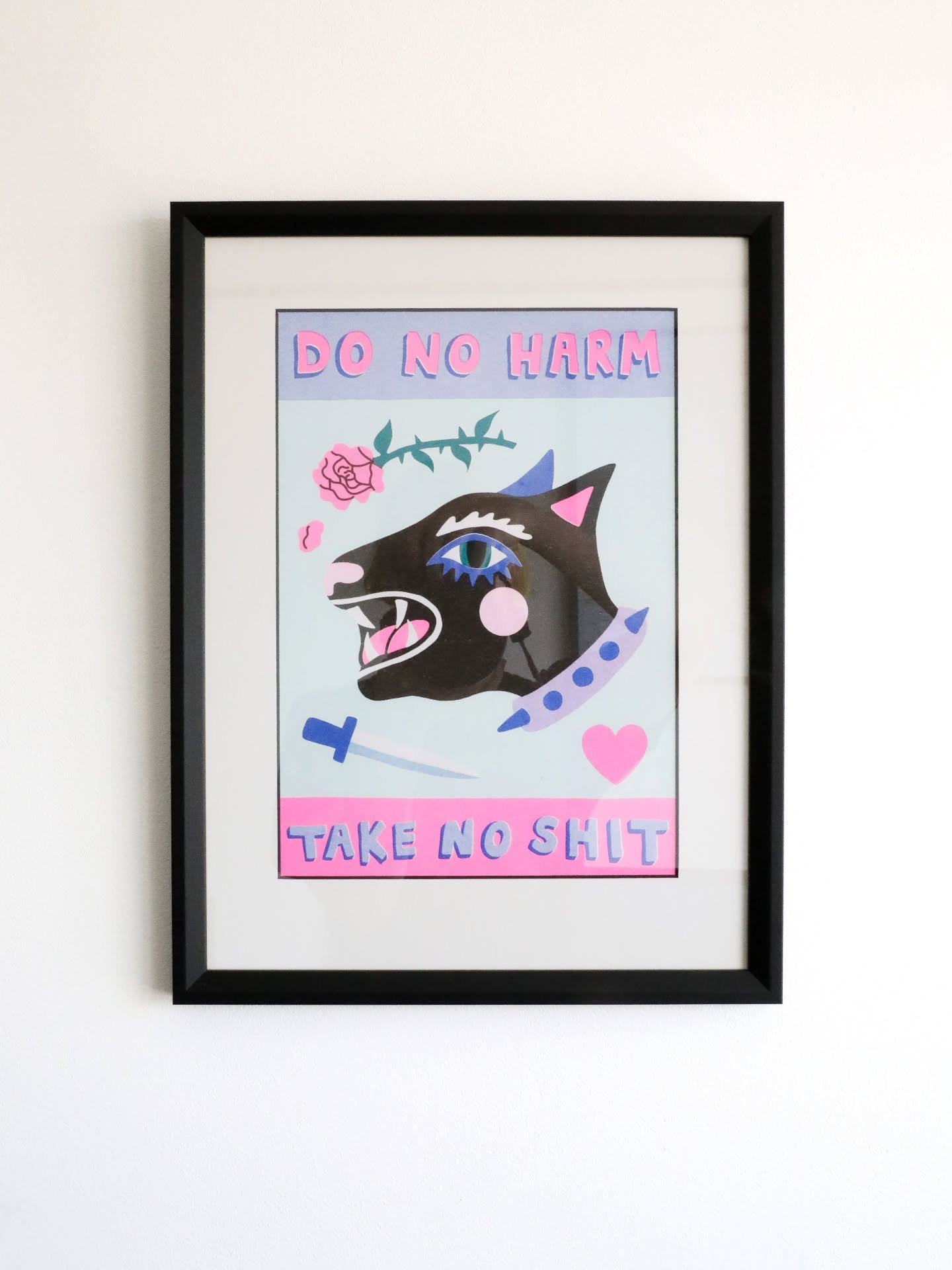 Do No Harm, Take No Shit. Decent enough words to live by. 

Black-core mat-board to help ground the art and bring it all together. 
View it in person, snack or drink in hand @vervewanaka

Print by @amyhastingstextiles
