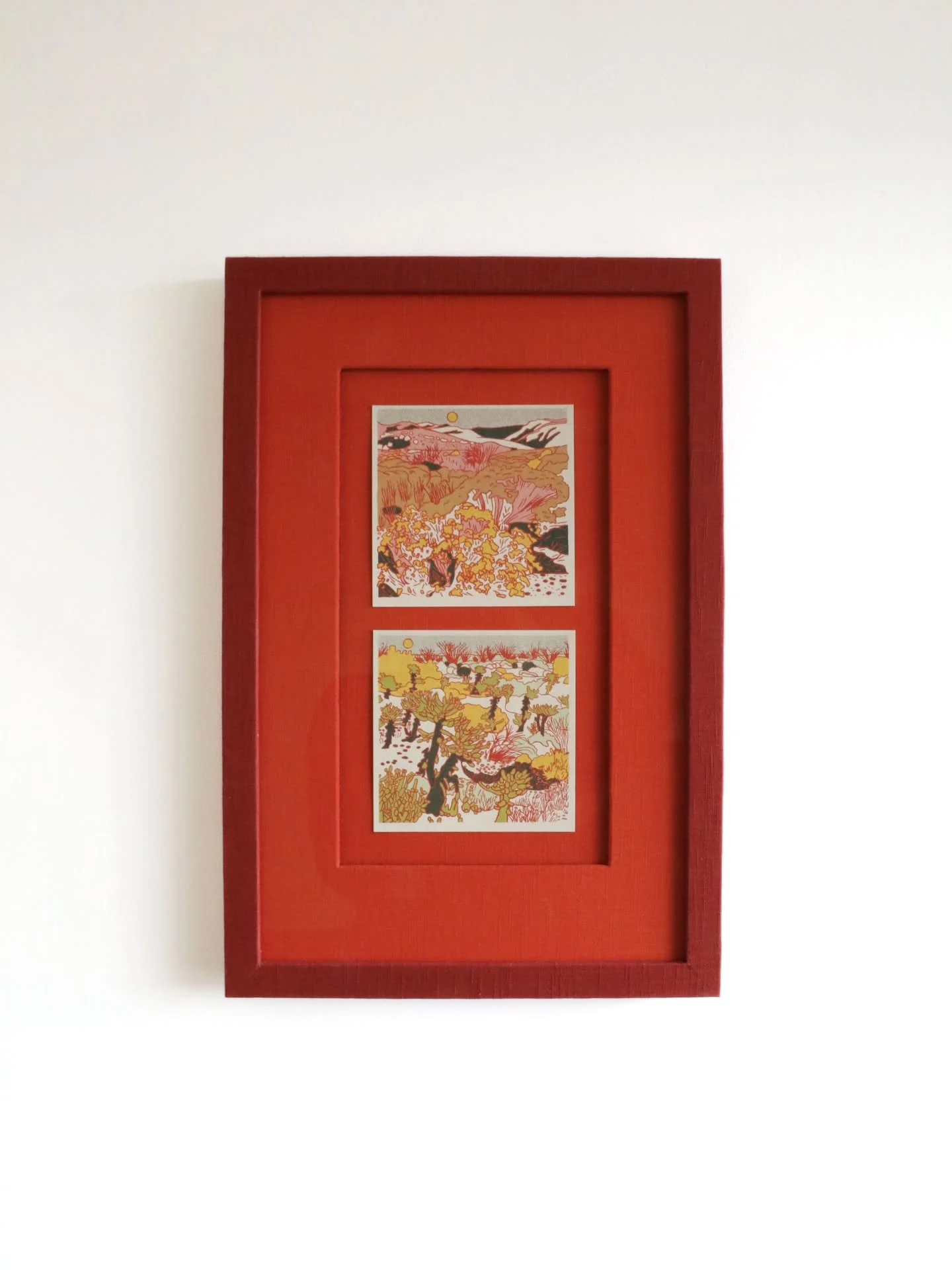 Linen on linen, cozy vibes for these two wee postcards. 

This has photographed a lot darker than it is in reality, terracotta-orange linen wrapped matboard and backing, with a deeper red-rock linen wrapped frame. Low-reflection glass. 

Artwork by @