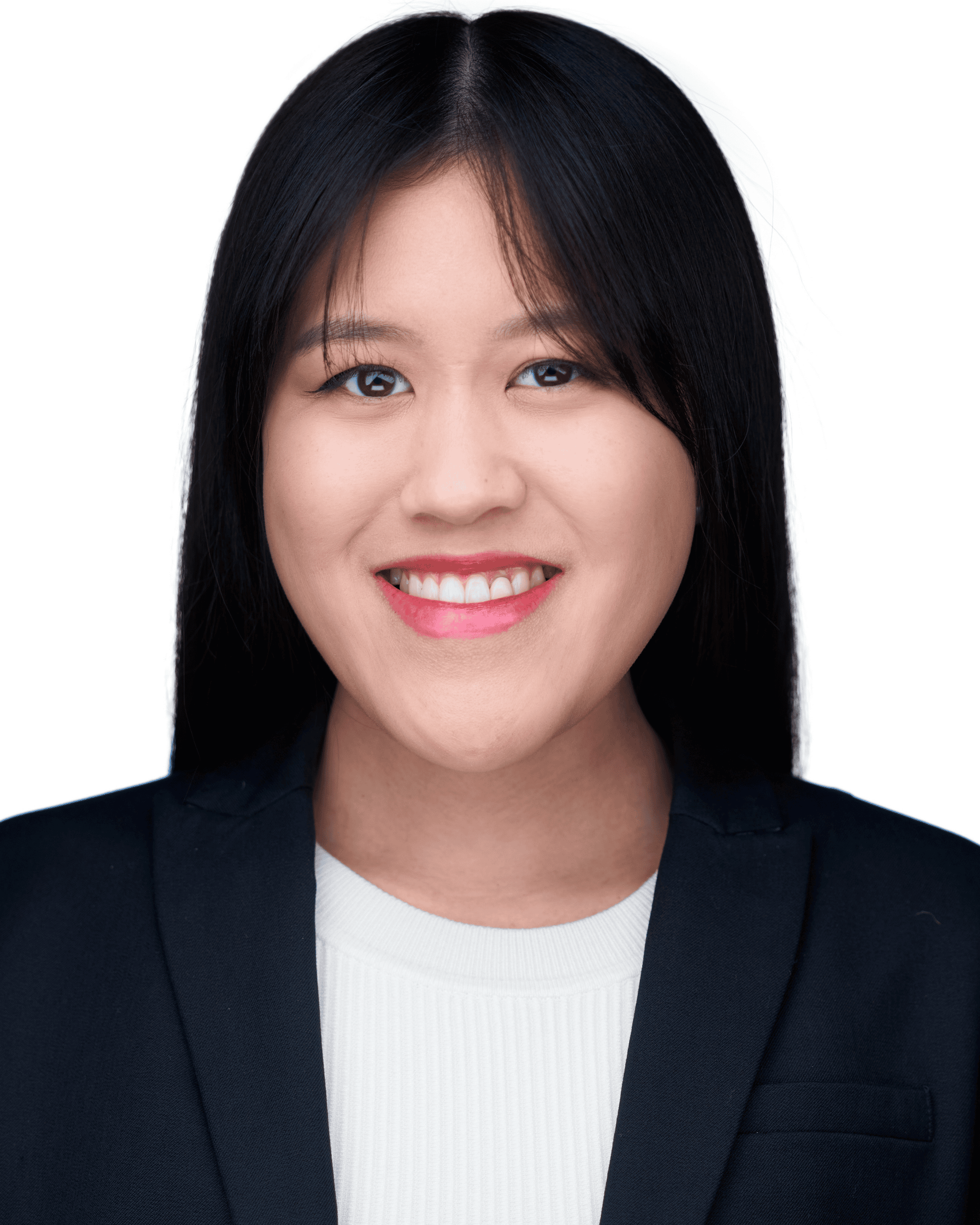 Close-up of a woman with black hair, wearing a black blazer and white shirt, smiling against a white background.