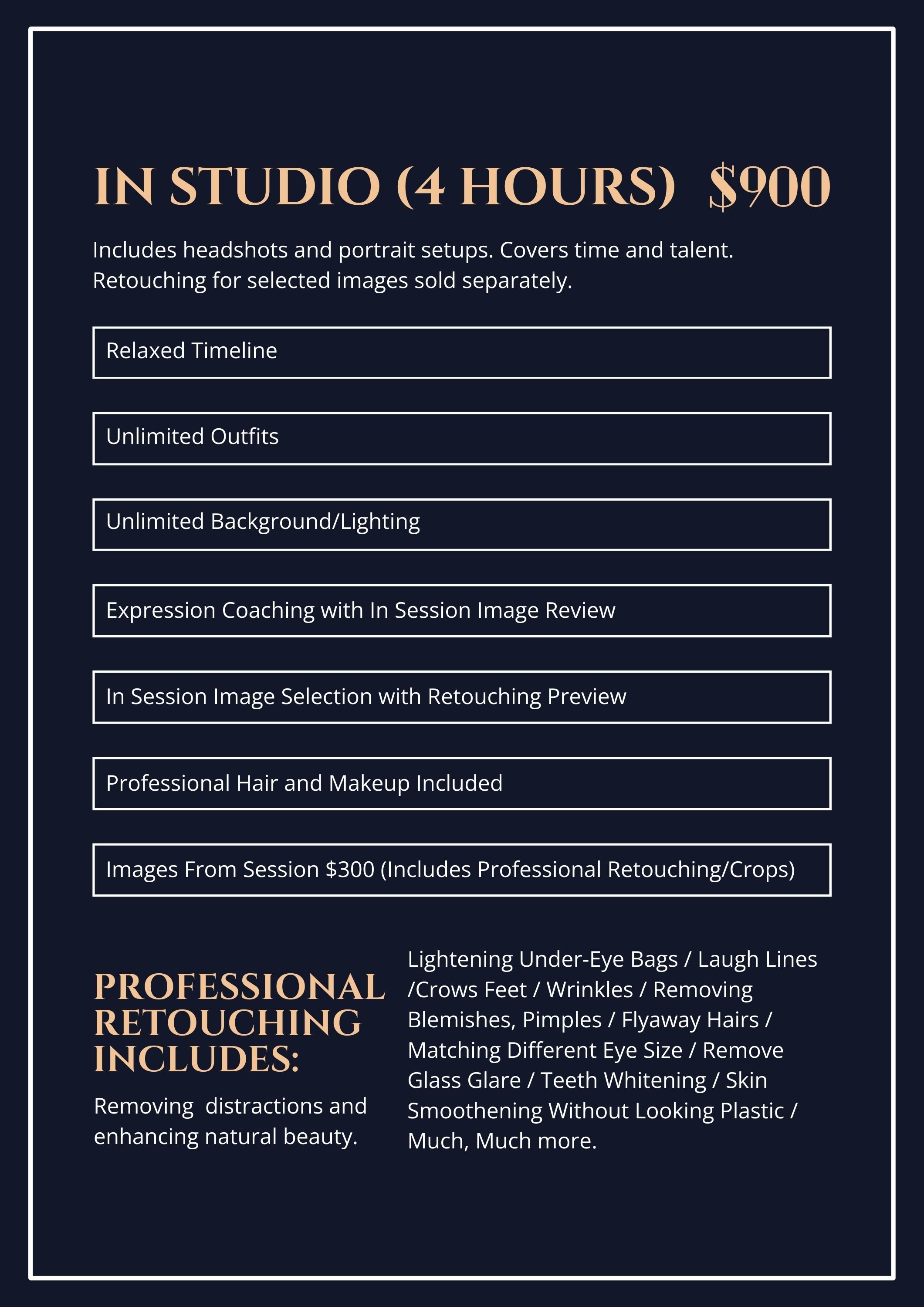 Pricing and services for in-studio professional photo retouching including hair and makeup, image review, and background lighting, with a four-hour session cost of $900.